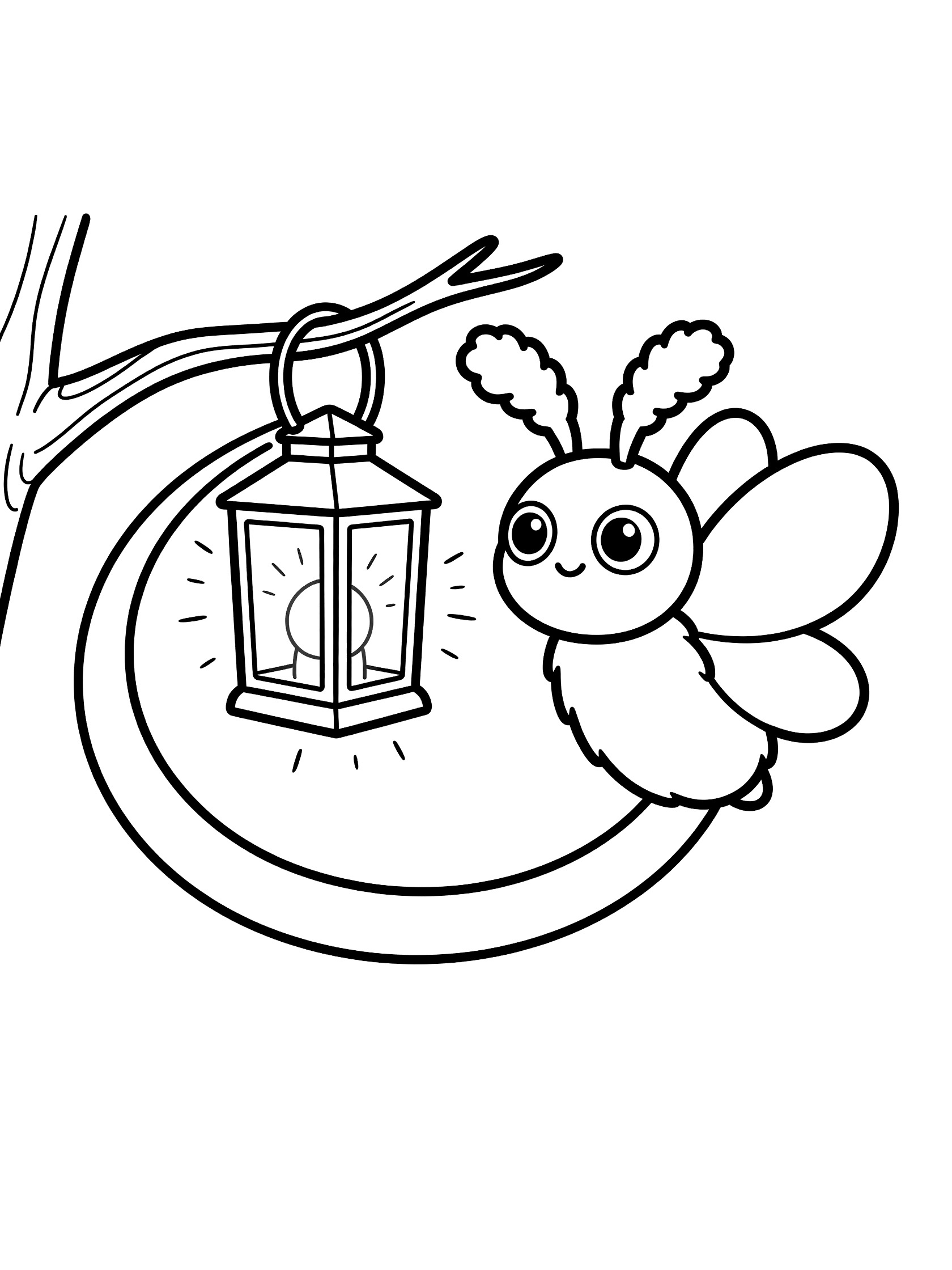 Black and white line art coloring page showing a chubby firefly with big eyes and fluffy antennae flying around a glowing lantern hanging from a tree branch. Moth themed black and white printable line art