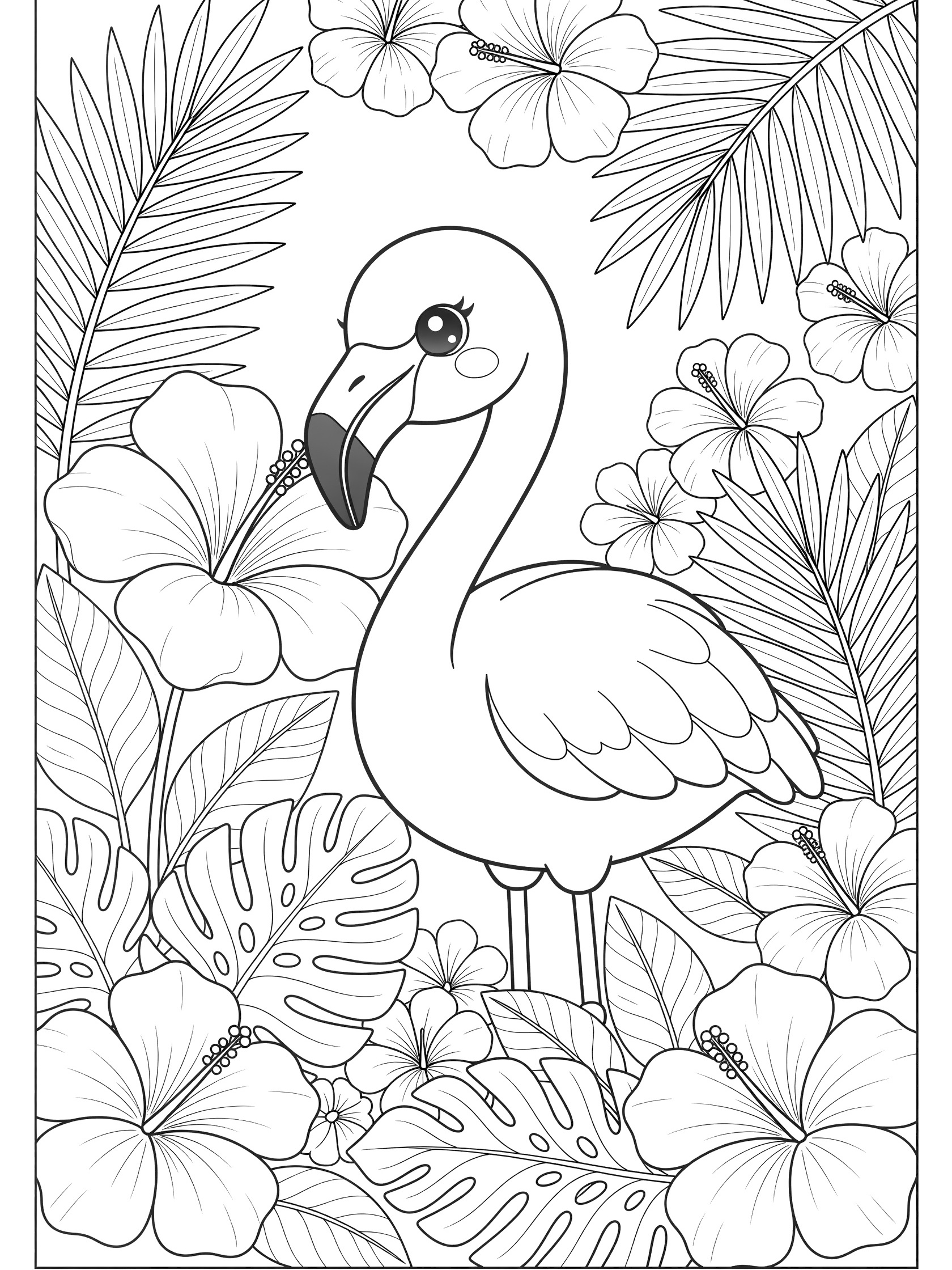 Black and white line art coloring page showing a kawaii flamingo with big eyes and curved beak near large hibiscus flowers and leaves.