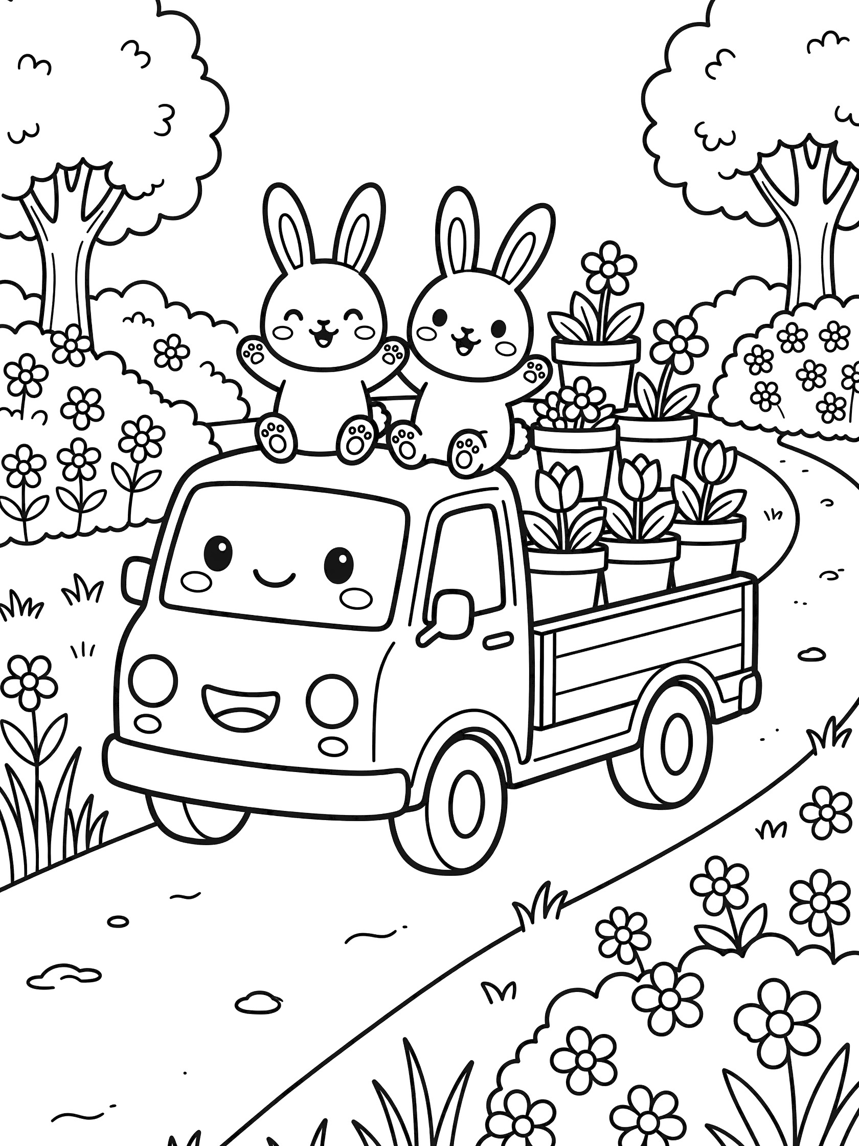 Kawaii flatbed truck with smiling face carrying garden pots full of flowers and succulents, two cute bunnies on the cab roof, driving on a dirt path through a garden with trees and bushes.