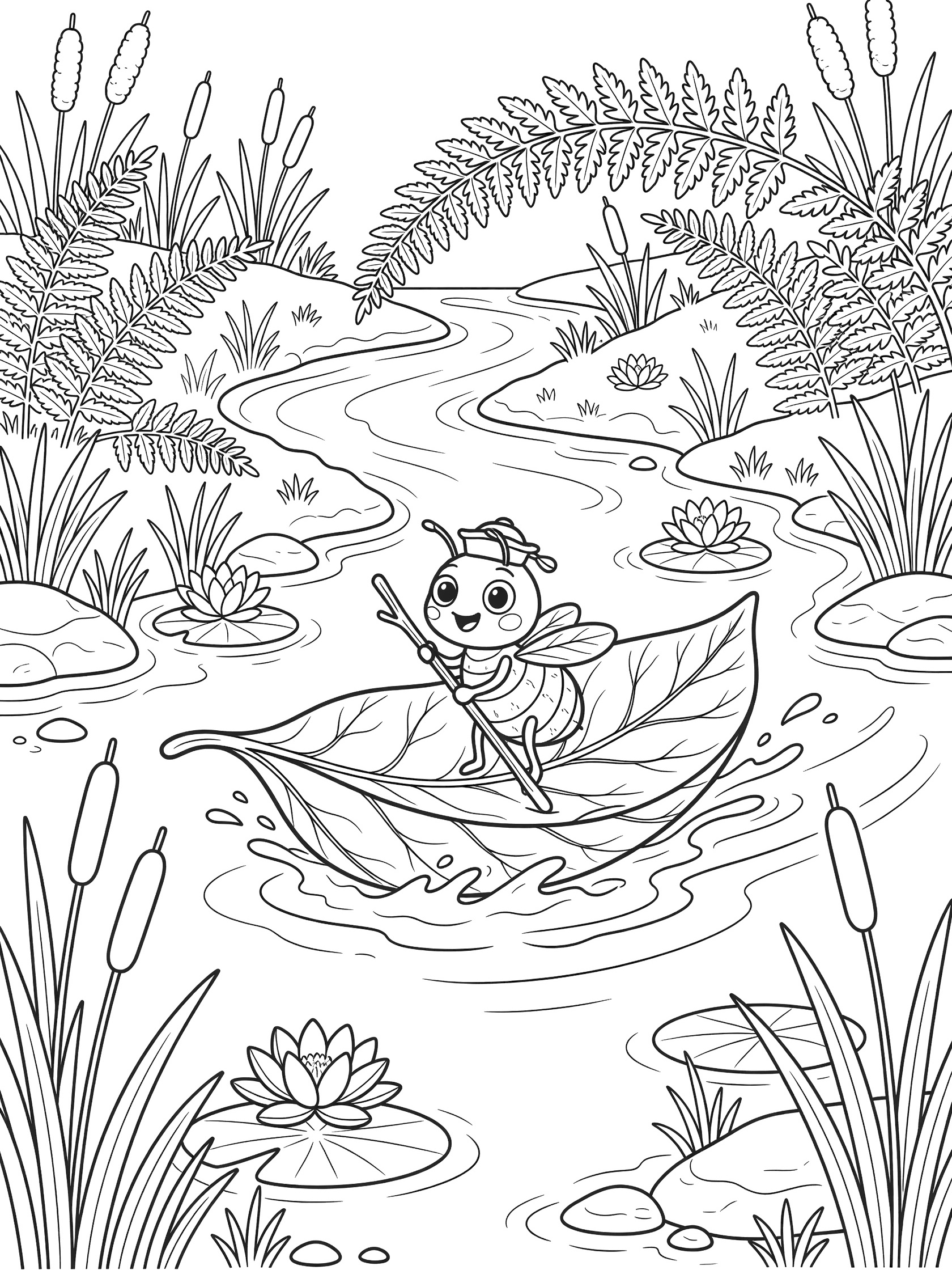 Black and white coloring page of a cartoon flea with big eyes and sailor hat steering a leaf boat on a stream surrounded by reeds, lilies, ferns, and cattails