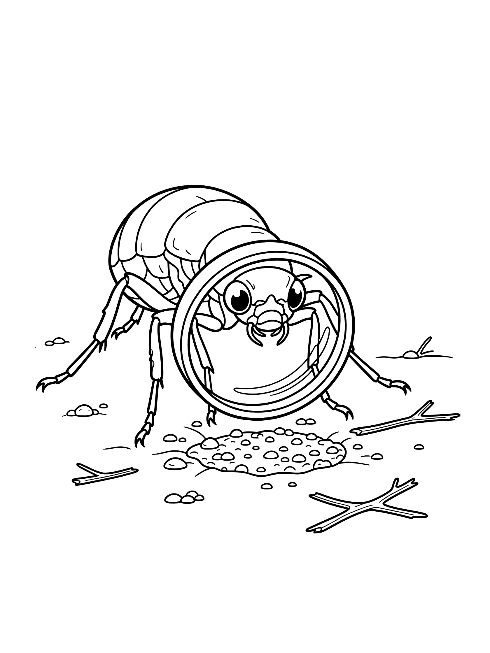 Black and white line art coloring page showing a flea with big eyes leaning forward to look through a large magnifying glass at small pebbles and twigs on the ground.
