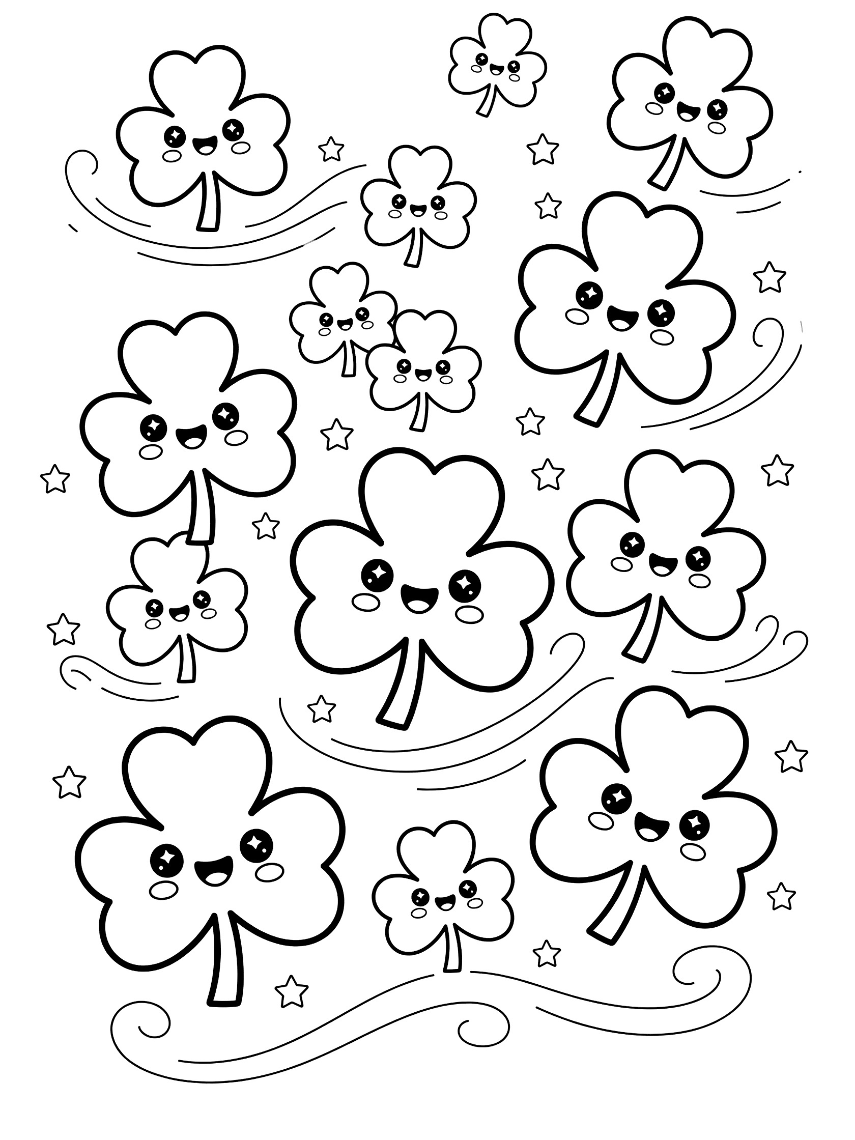 Kawaii shamrocks floating upwards with happy faces, rosy cheeks, big sparkling eyes, swirling breeze lines, and tiny stars on a white background coloring page