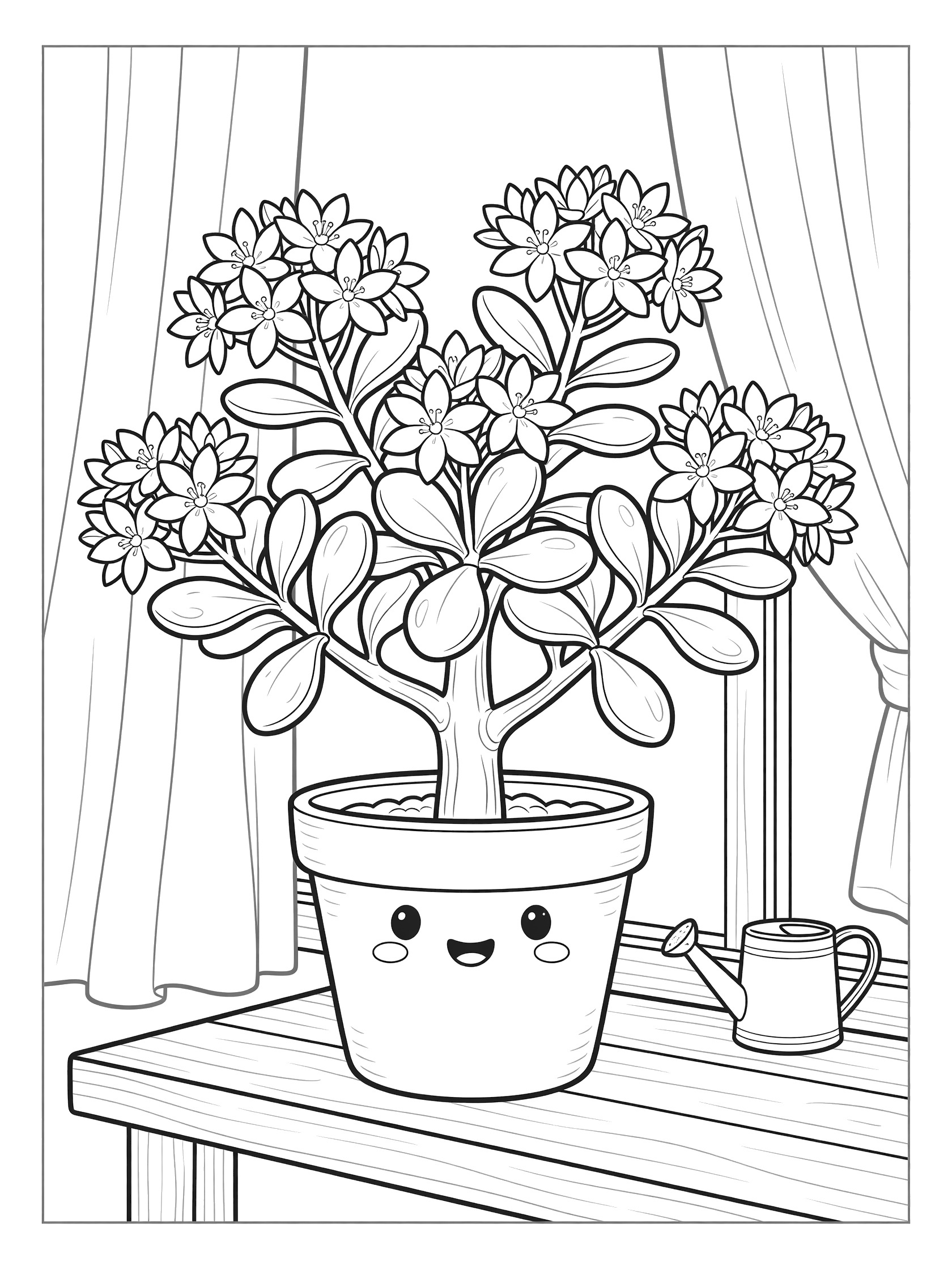 Kawaii jade plant coloring page showing bushy flowering jade plant with star-shaped blooms in a cute round pot with eyes and cheeks, on wooden windowsill with watering can.