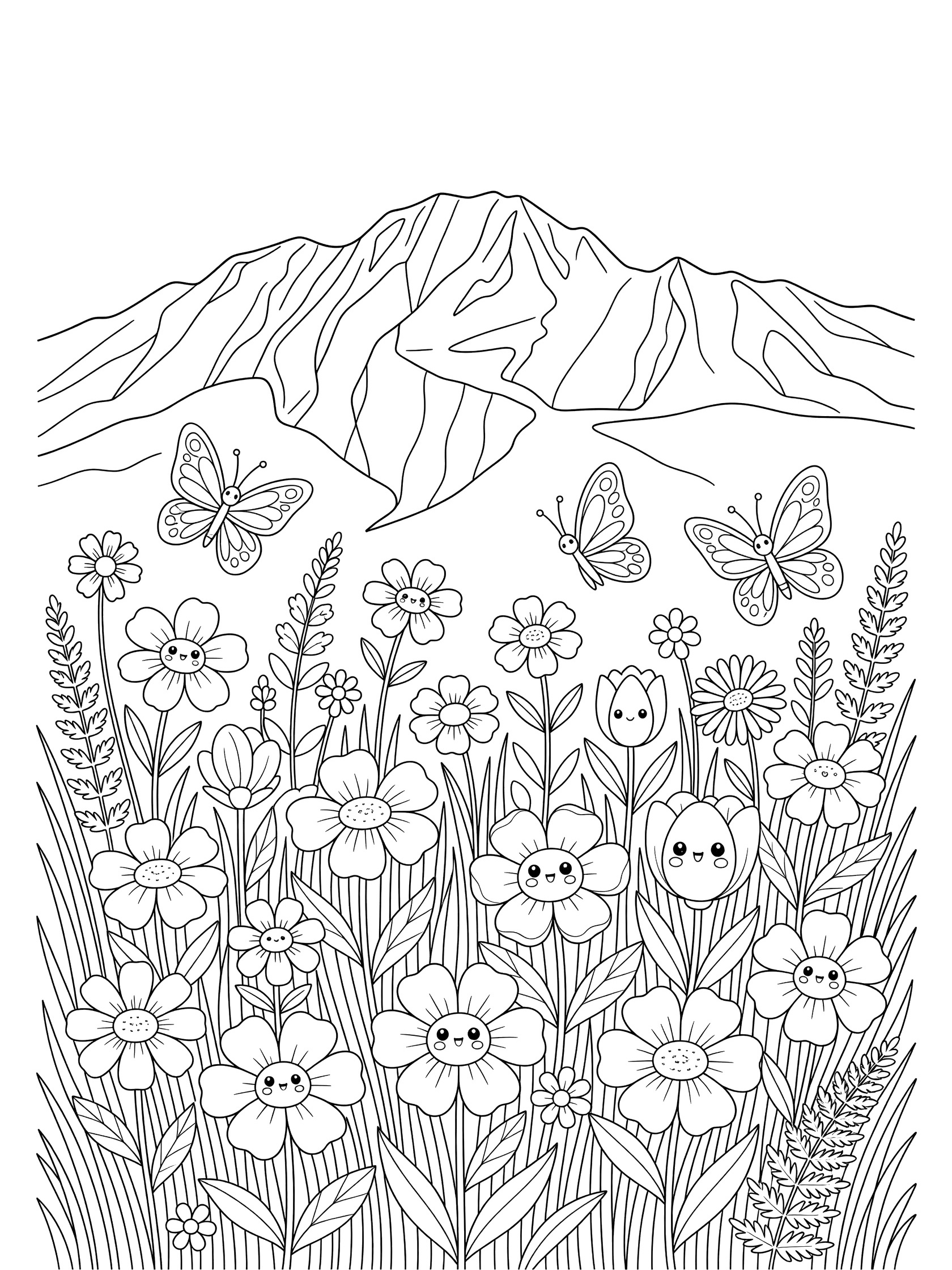 Black and white line art coloring page showing cute kawaii-style flowers with happy faces, butterflies flying around, tall grasses, and a big pointed mountain in the background. Pikes Peak themed black and white printable line art