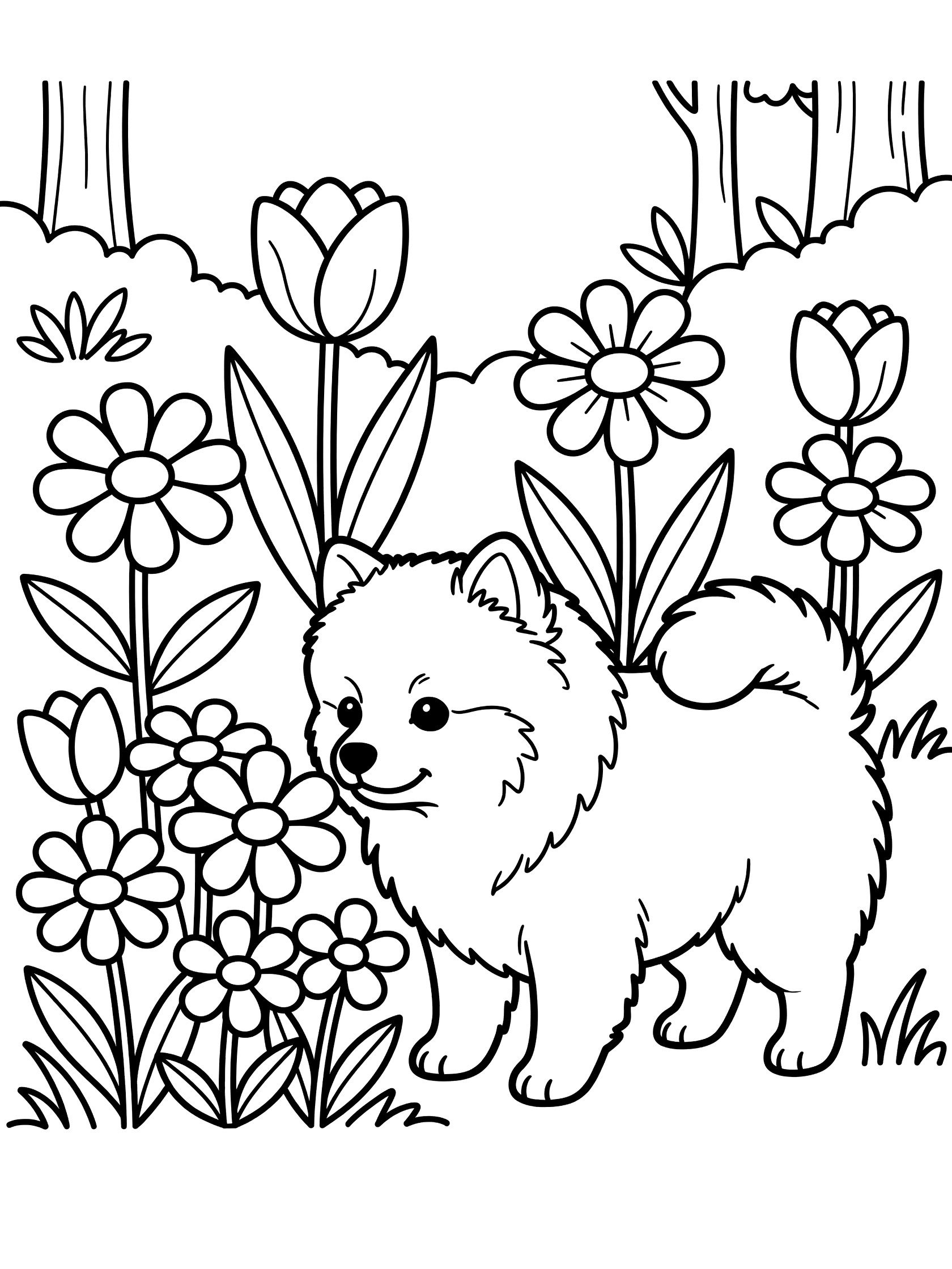 Black and white line art coloring page showing a small fluffy dog with pointy ears and curly tail sniffing a garden of daisies and tulips with tree trunks in the background. Pomeranian themed black and white printable line art
