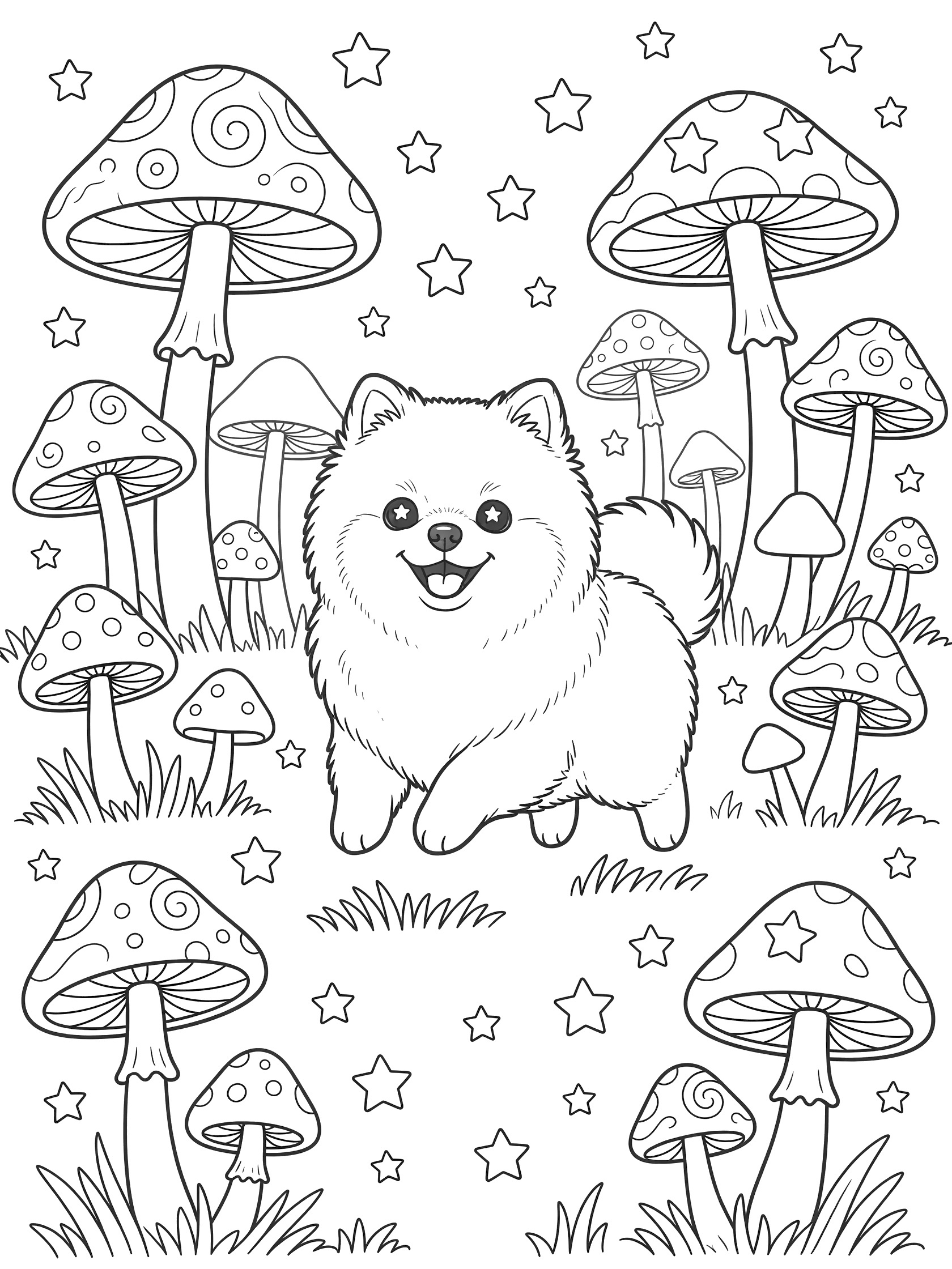 Black and white line art coloring page showing a small fluffy Pomeranian dog with a happy face standing in a meadow with large mushrooms, grass, and scattered stars.