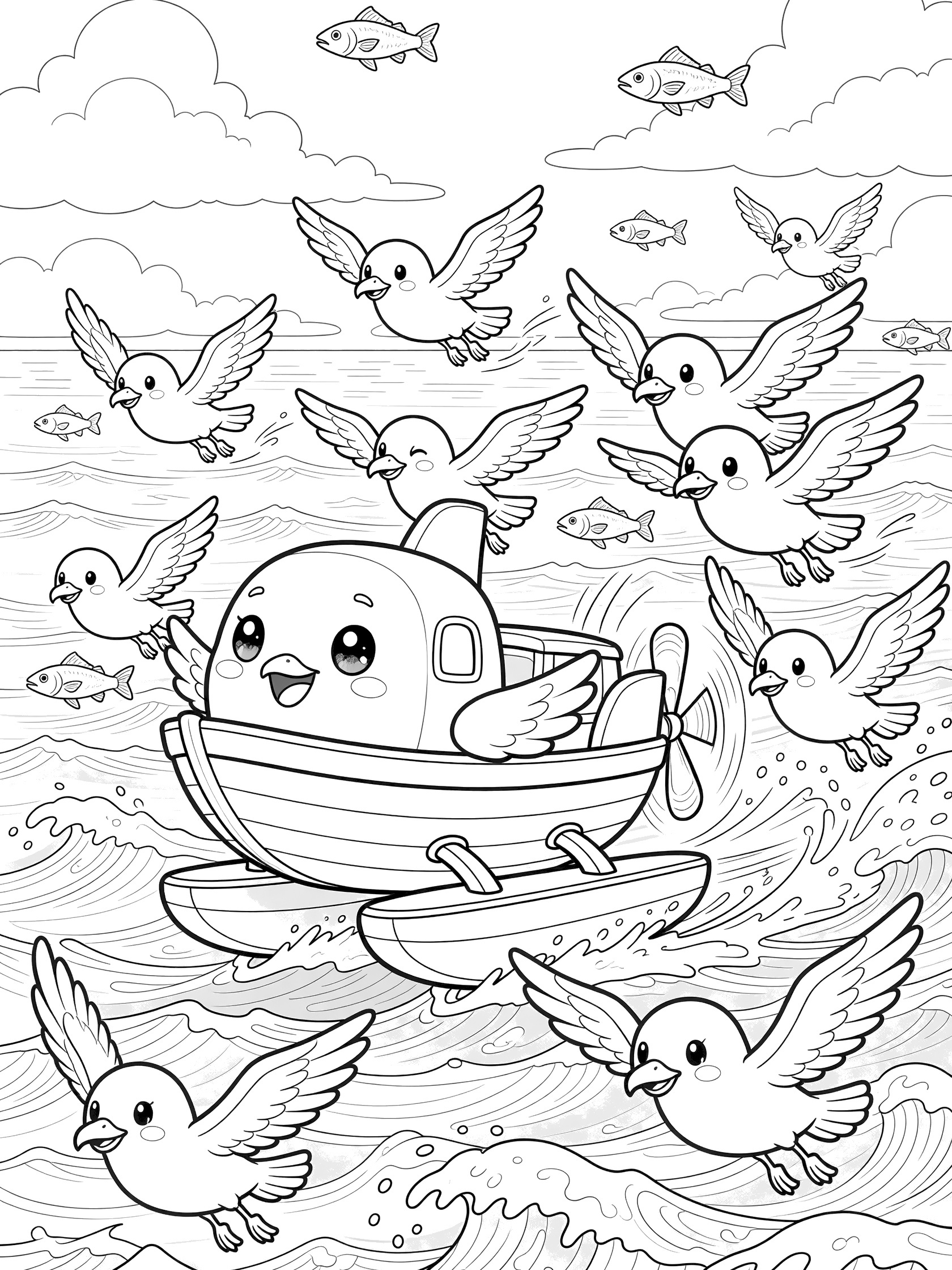 Black-and-white kawaii line art coloring page showing anthropomorphic flying boat racing neck-and-neck with flock of seagulls over choppy ocean, fluffy clouds, and flying fish.