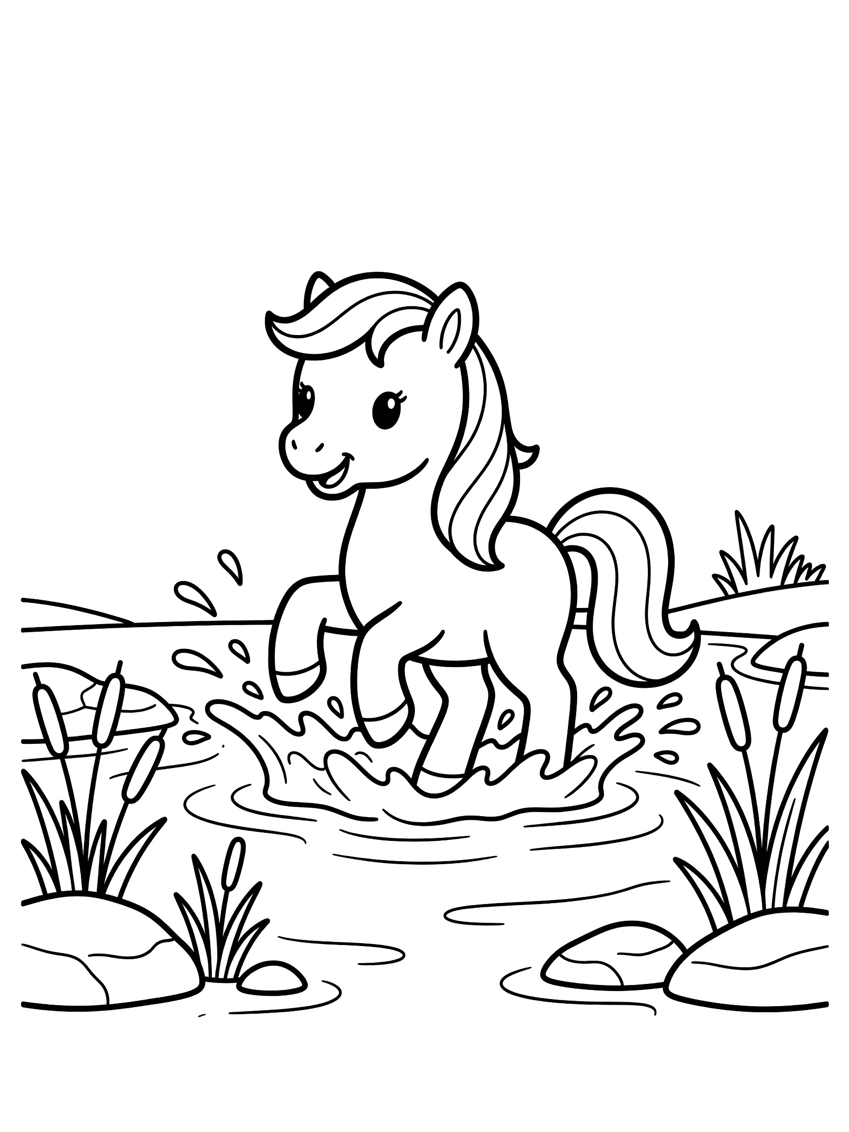 Black and white line art coloring page showing a cute foal with big eyes splashing water with its hooves, surrounded by rocks and tall reeds in a shallow river.