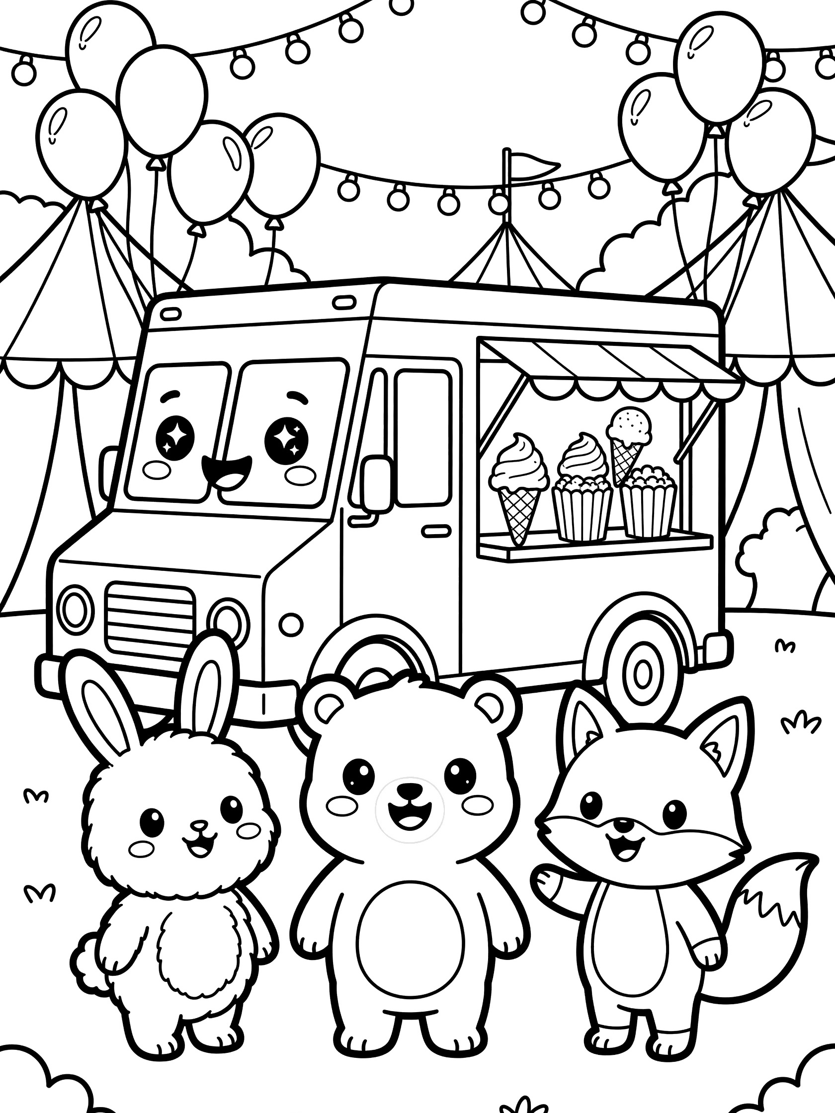 Black and white coloring page of a cute food truck with big eyes and smile serving treats from window to fluffy bunny, chubby bear, and fox in line at a festival with tents and balloons.
