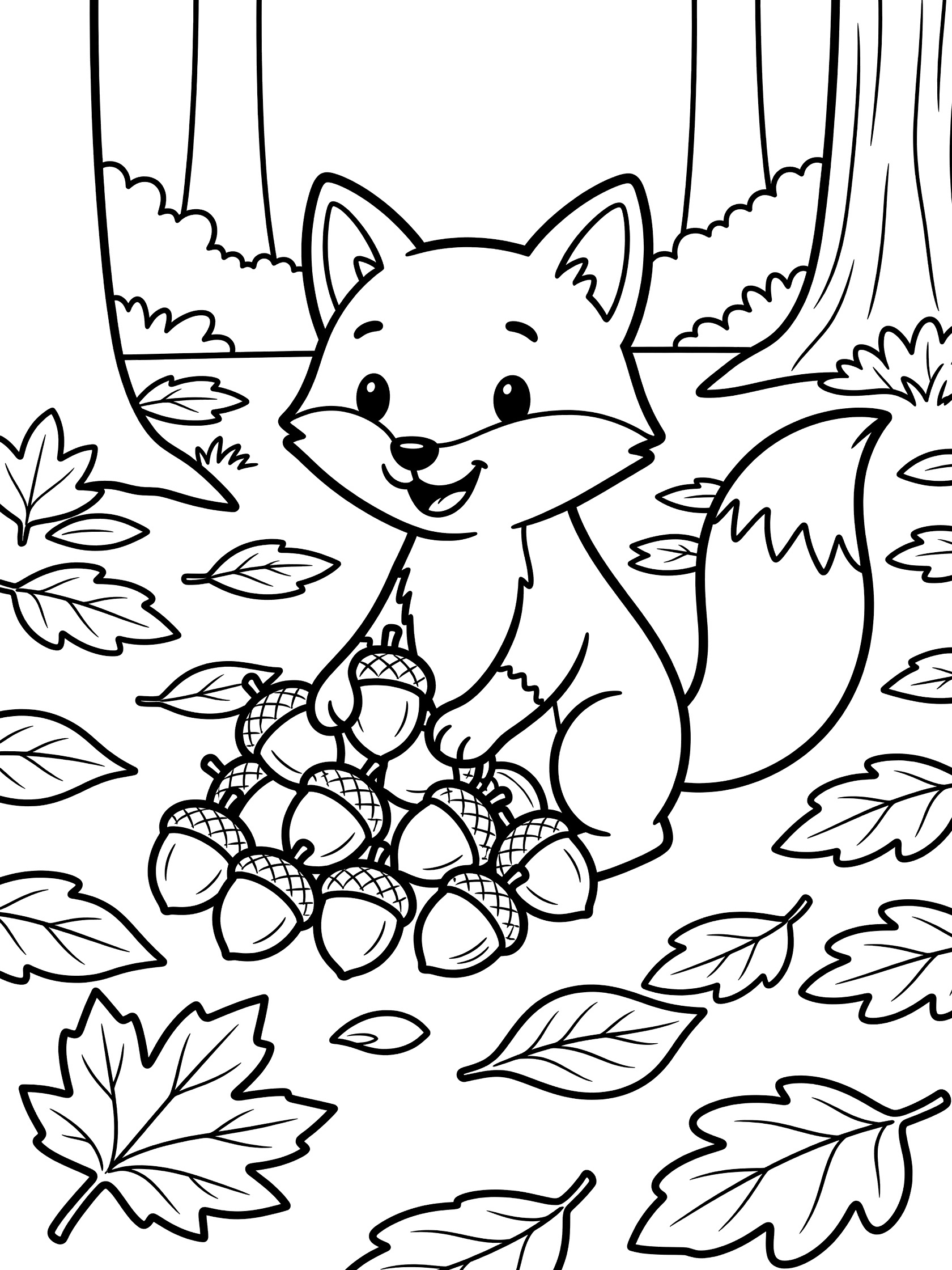Printable coloring page showing a cheerful cartoon fox sitting and piling acorns in its paws on a forest floor with fallen leaves and tree trunks.