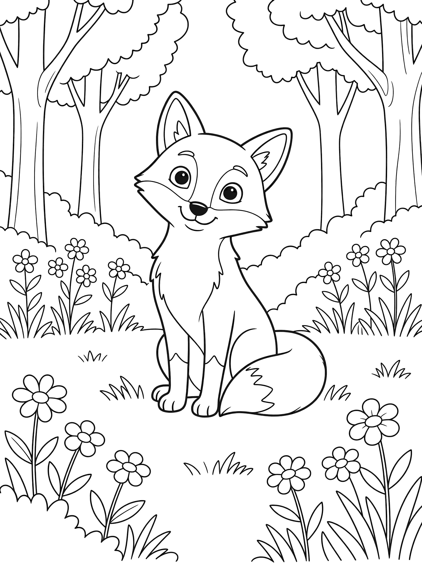 Black and white line art coloring page showing a curious fox with big eyes sitting upright in a forest clearing surrounded by simple trees, grass, and wildflowers.