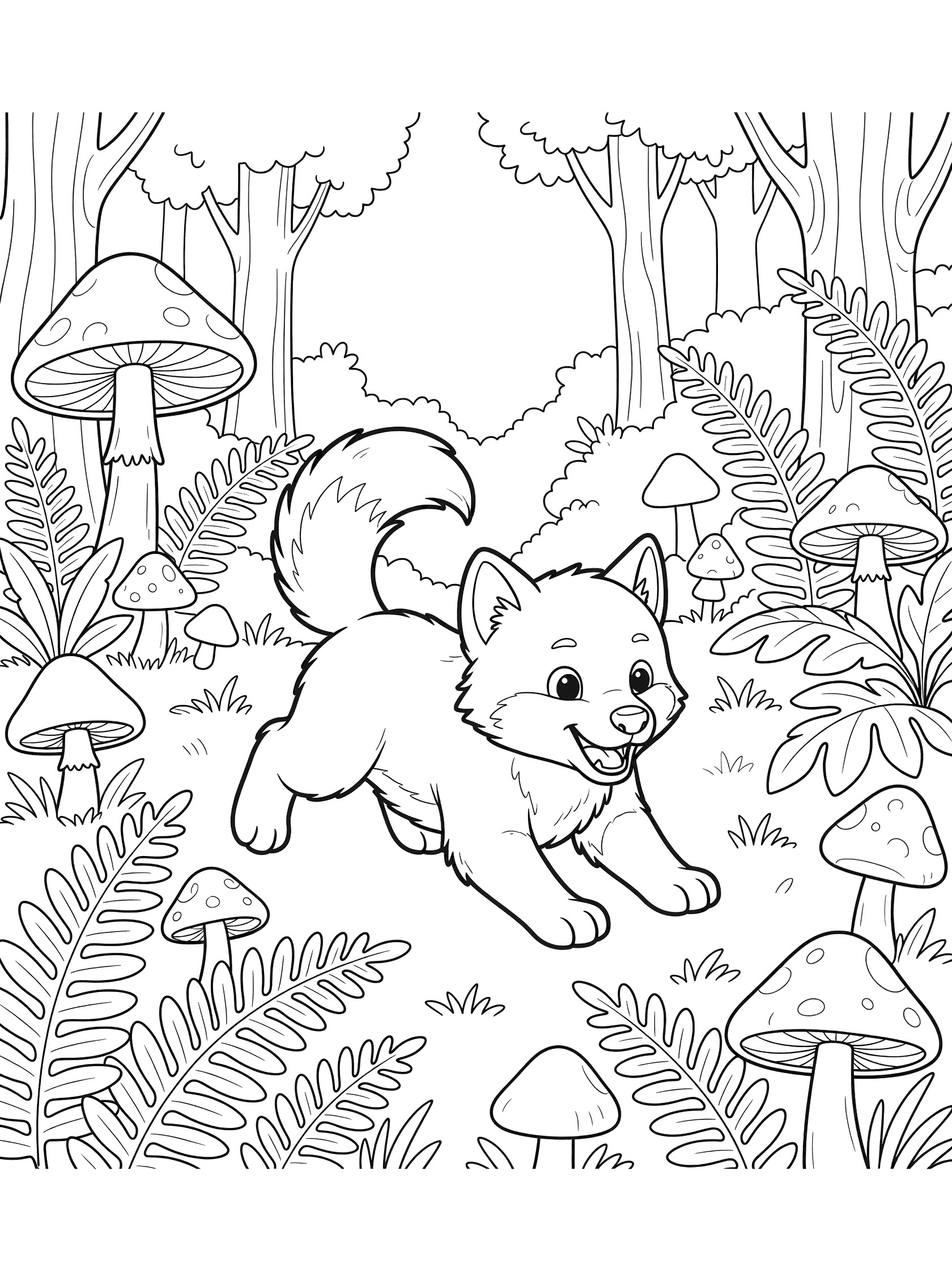 Black and white line art coloring page showing a cute fox pup with fluffy tail running in a forest clearing surrounded by trees, ferns, and mushrooms. Wolf themed black and white printable line art