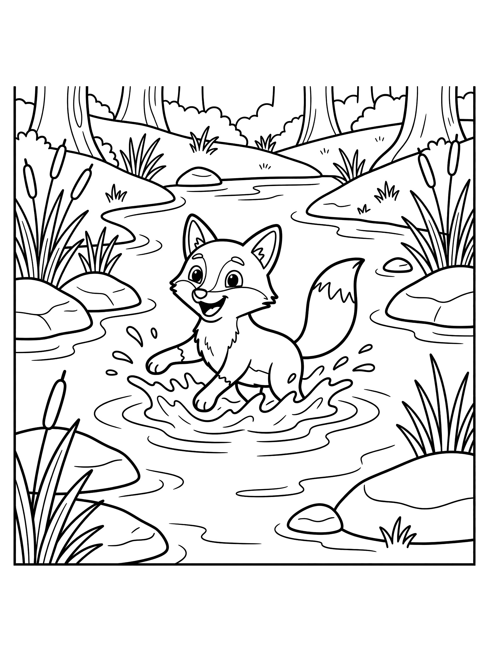Black and white line art coloring page showing a joyful fox pup splashing water with paws in a shallow stream surrounded by rocks, reeds, and forest plants.