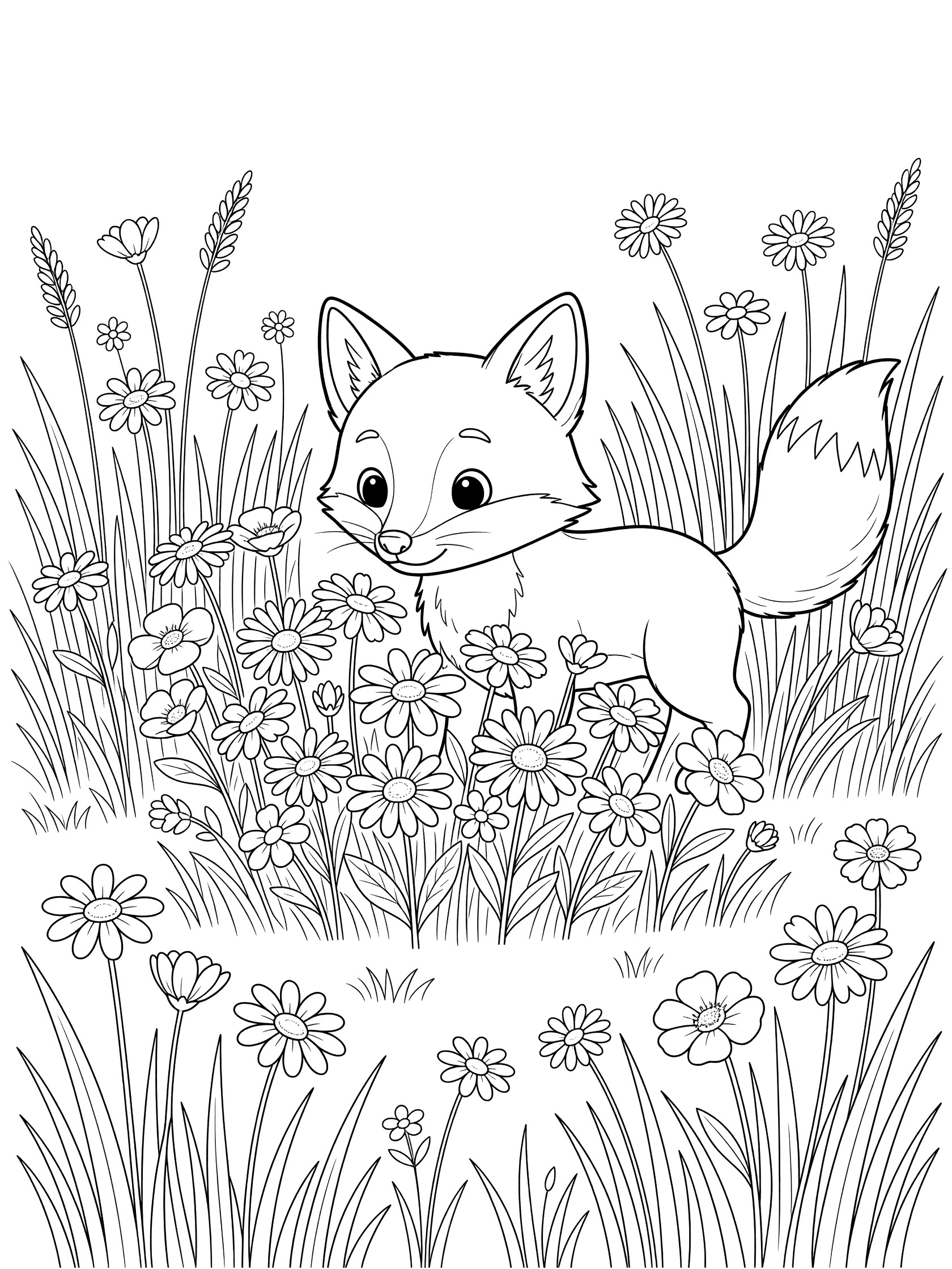 Black and white line art coloring page showing a cute fox with big eyes sniffing a cluster of flowers, surrounded by tall grass and daisies