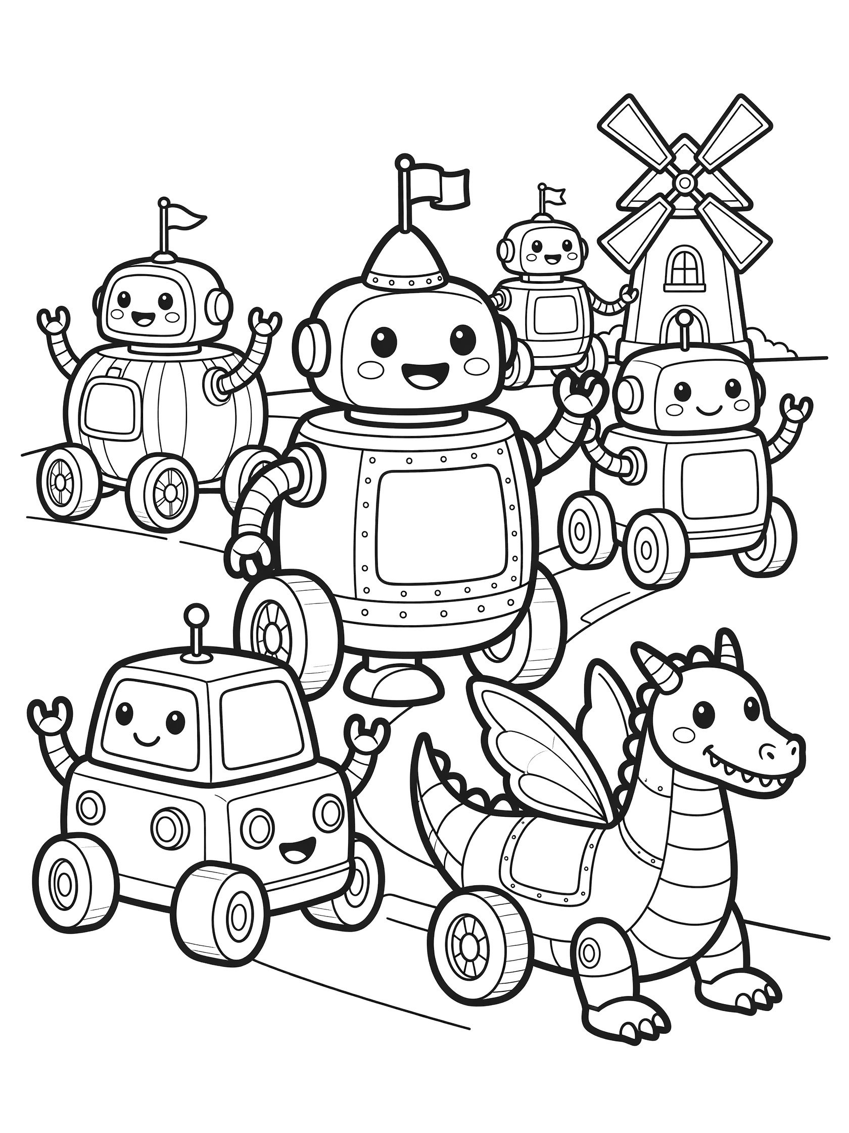 Kawaii friendly robot parade coloring page featuring cute robots marching with vehicles in a fairy tale style, perfect for preschool coloring fun.