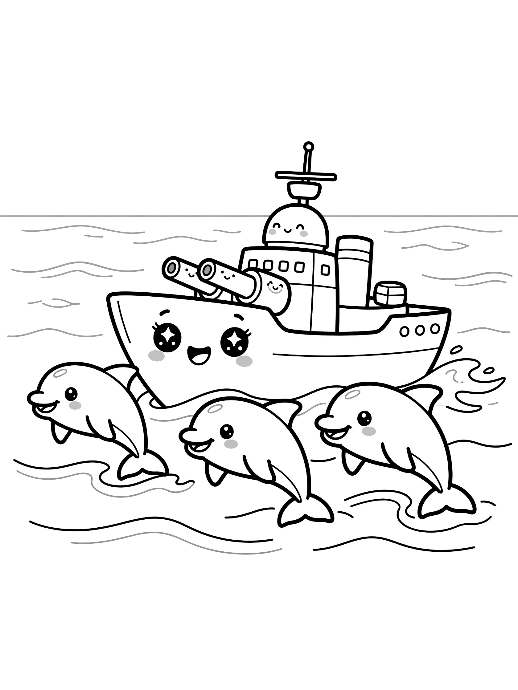 Black and white line art of a chibi frigate with sparkling eyes and smile, flanked by four joyful dolphins jumping from ocean waves.