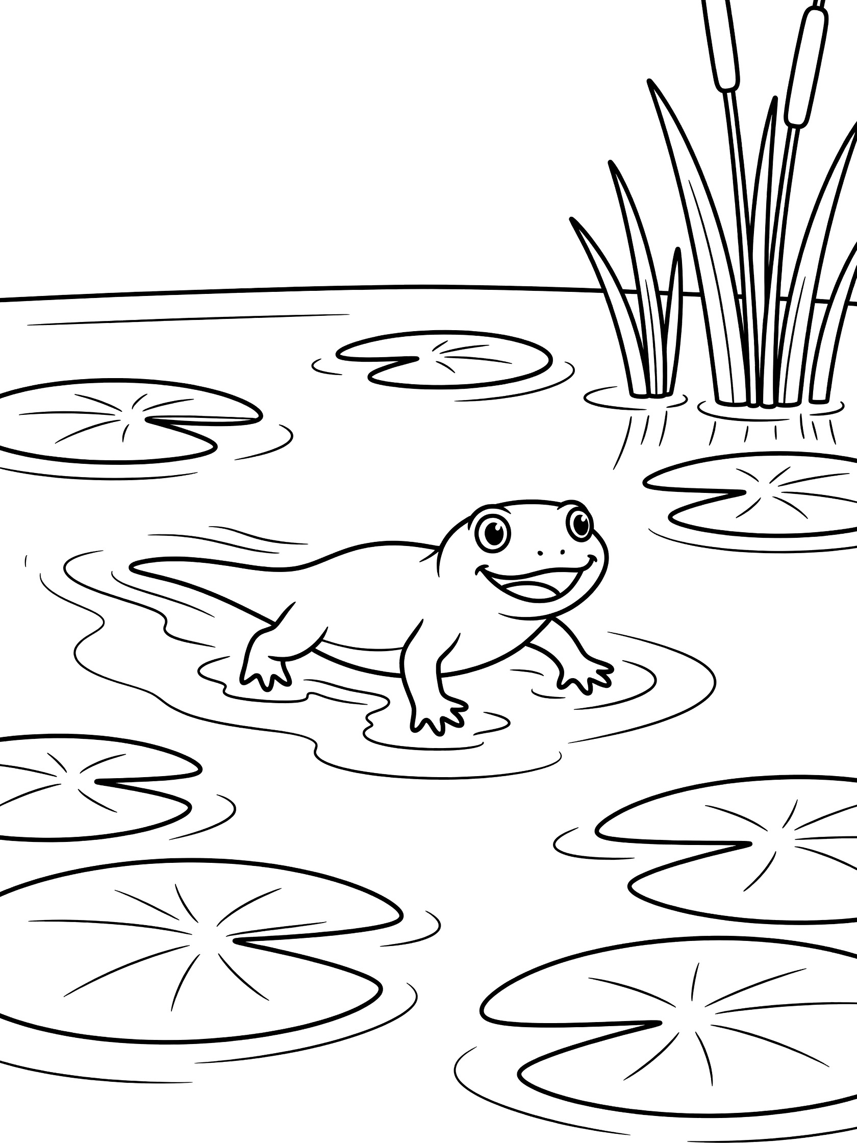 Printable coloring page with a cheerful frog in water surrounded by lily pads and tall reeds. Newt themed black and white printable line art