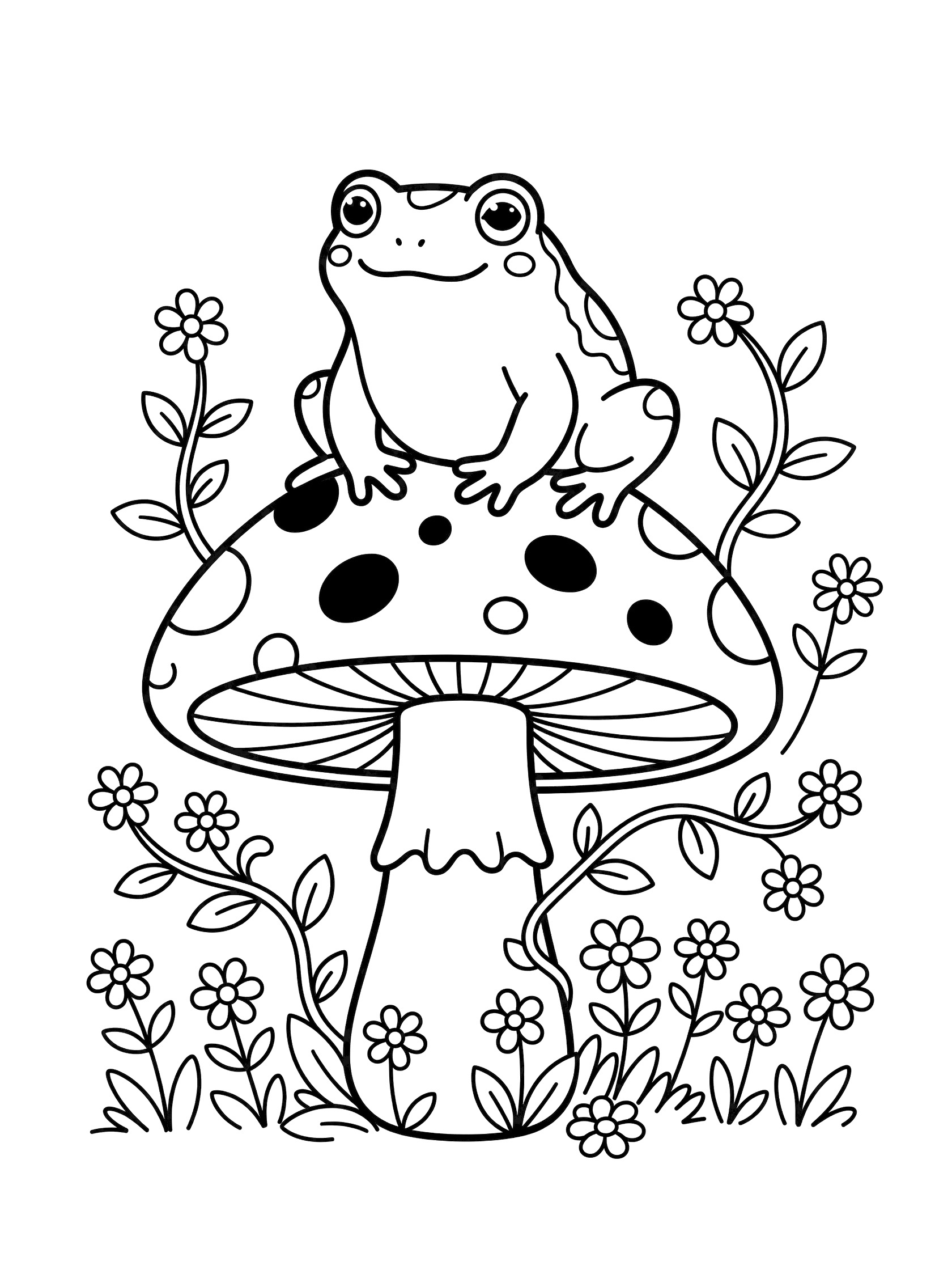 Black and white line art coloring page showing a cute frog perched on a big spotted mushroom surrounded by small flowers and vines. Toad themed black and white printable line art