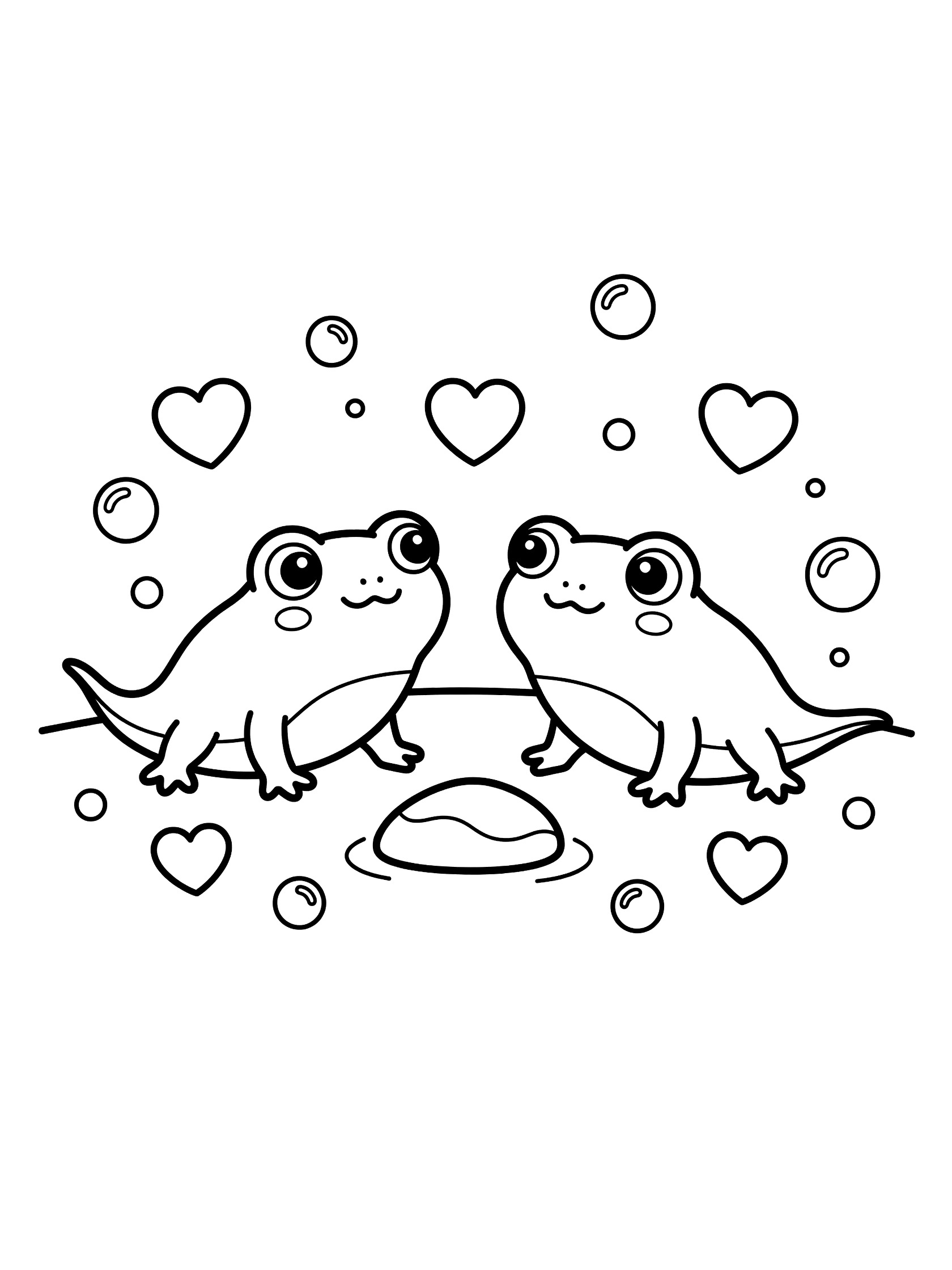 Black and white line art coloring page showing two adorable frogs with big eyes sitting on a rock facing each other, with floating hearts and bubbles around them. Tadpole themed black and white printable line art