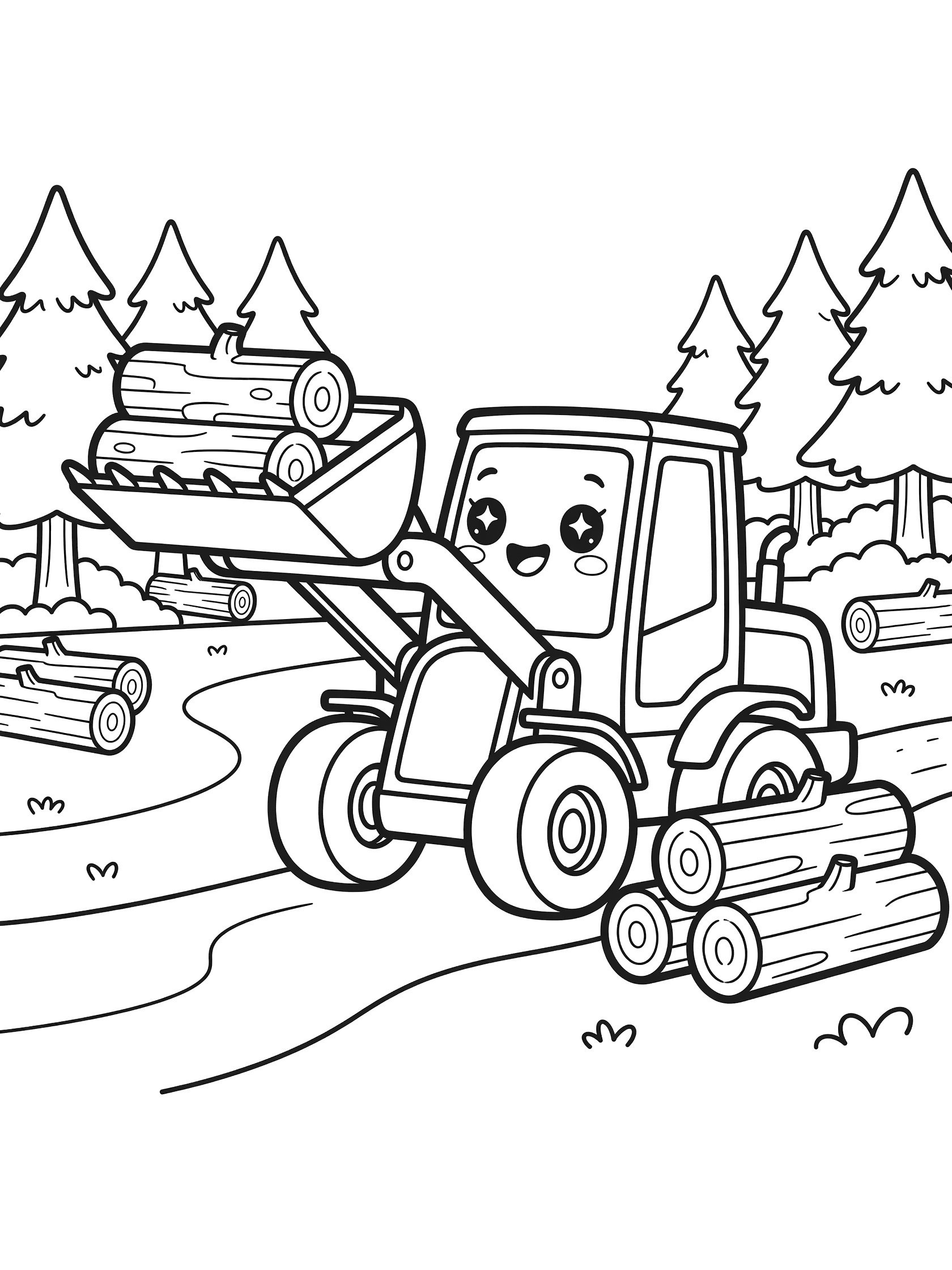 Black-and-white coloring page of a cute front loader with big eyes and smile, lifting logs in a forest clearing with pine trees.