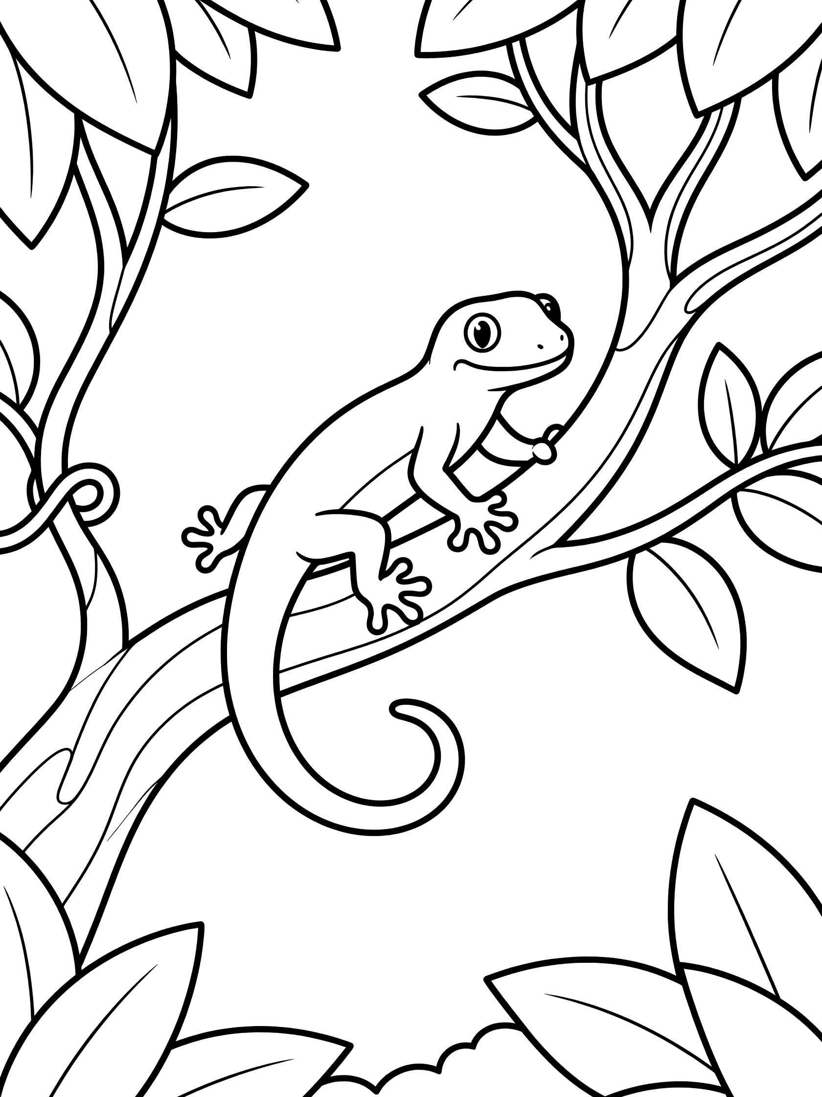 Black and white line art coloring page showing a happy gecko with big eyes and suction feet climbing a twisty tree branch surrounded by leaves and vines.