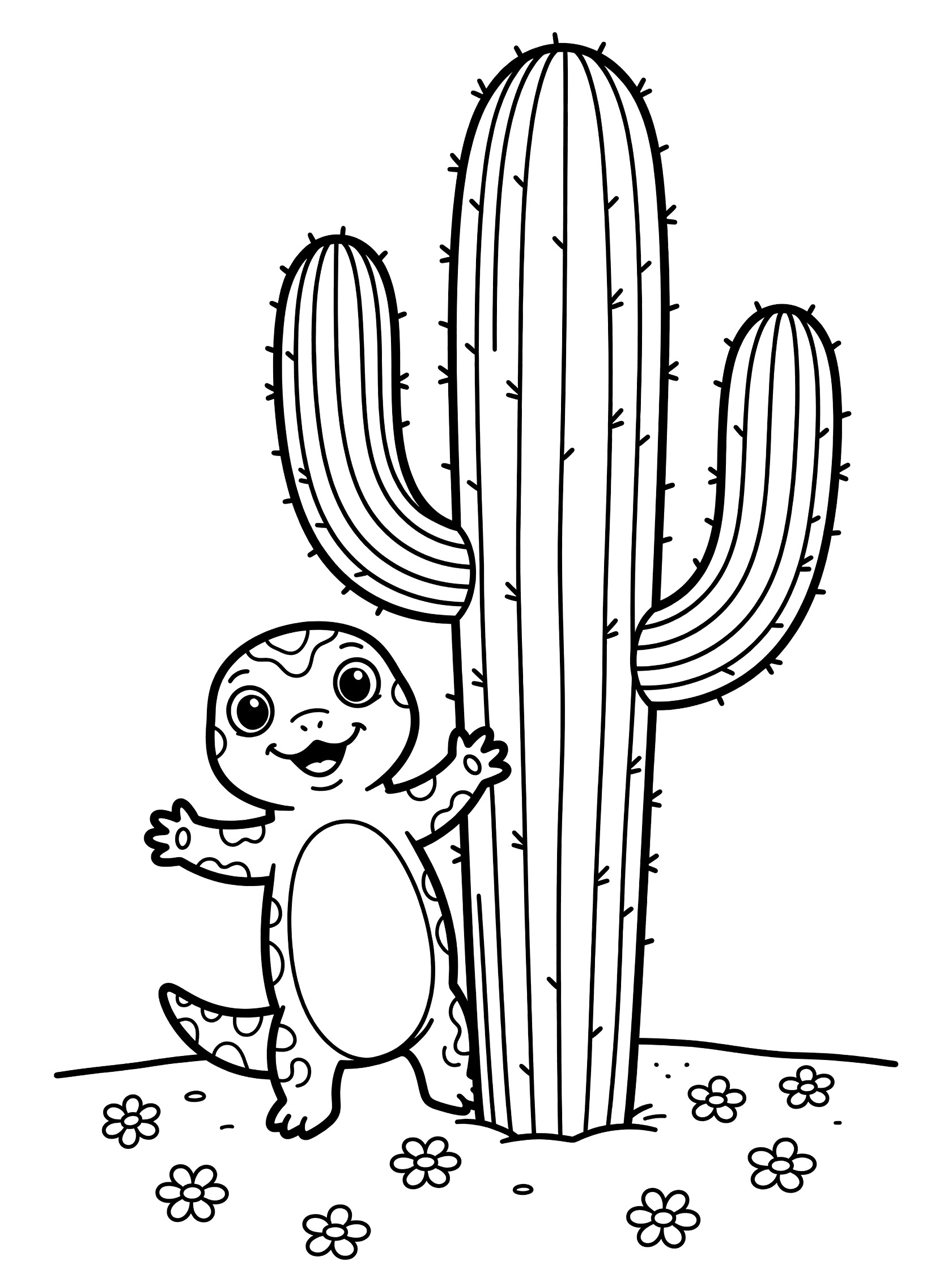 Black and white line art coloring page showing a happy gecko with big eyes peeking around a tall saguaro cactus with outstretched arms and small flowers on sandy ground. Gila Monster themed black and white printable line art