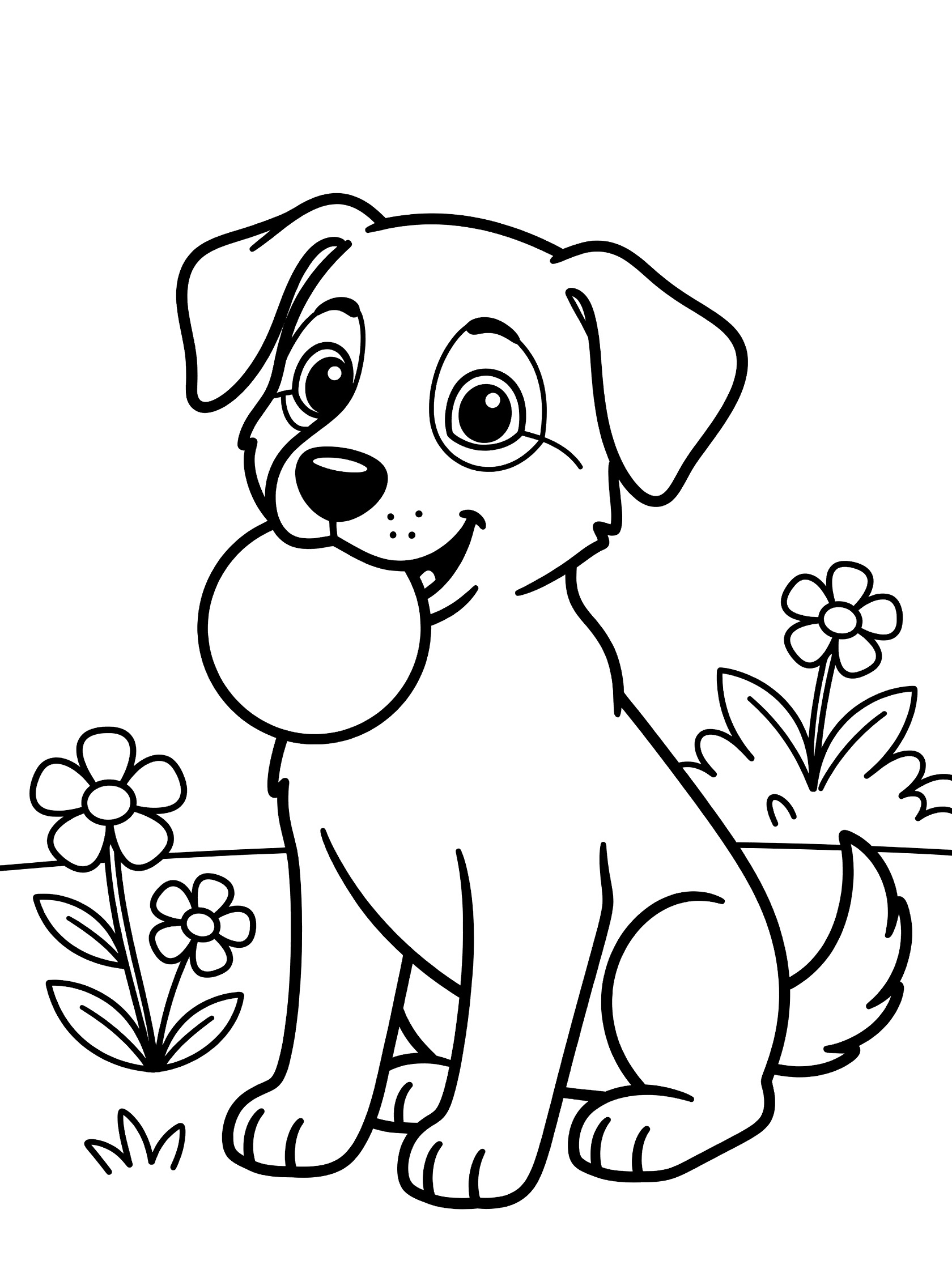 Printable coloring page featuring a cute German Shepherd puppy holding a round ball in mouth, surrounded by simple flowers and bush, line art style