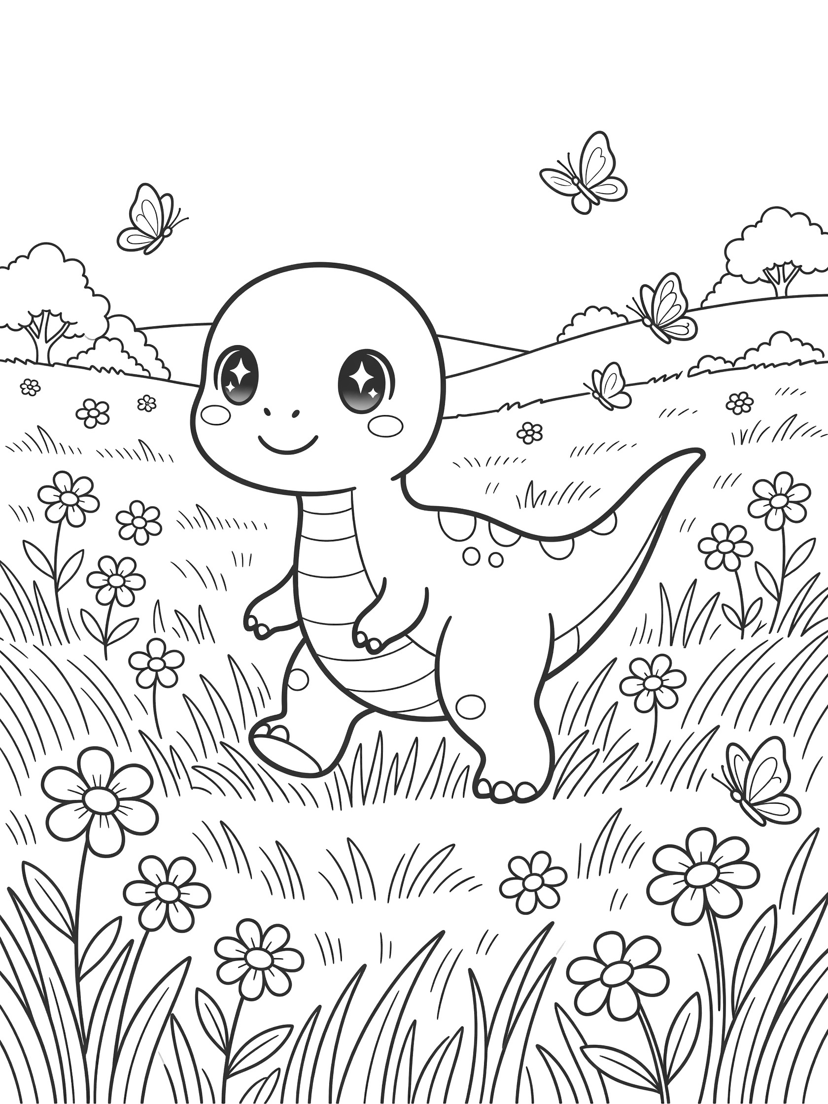 Kawaii Giganotosaurus dinosaur playfully running in a meadow with tall grass, daisies, butterflies, rolling hills, and trees - printable coloring page