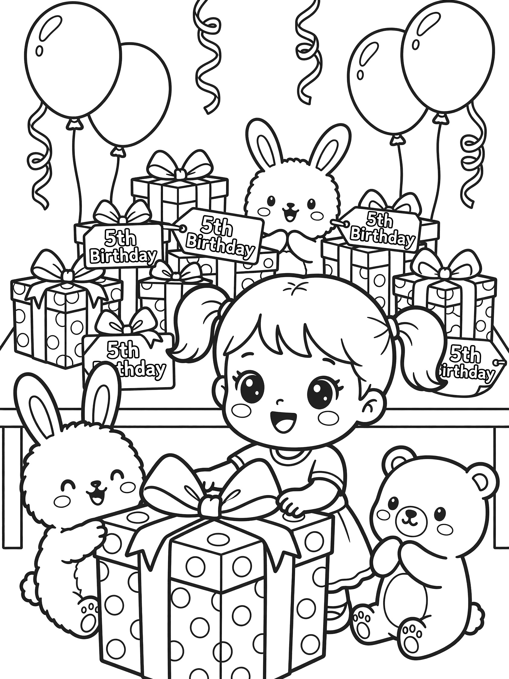 Black and white line art coloring page showing a cute girl excitedly opening a large polka-dot 5th birthday present with giant bow, surrounded by bunny, bear, balloons and more gifts on a party table.