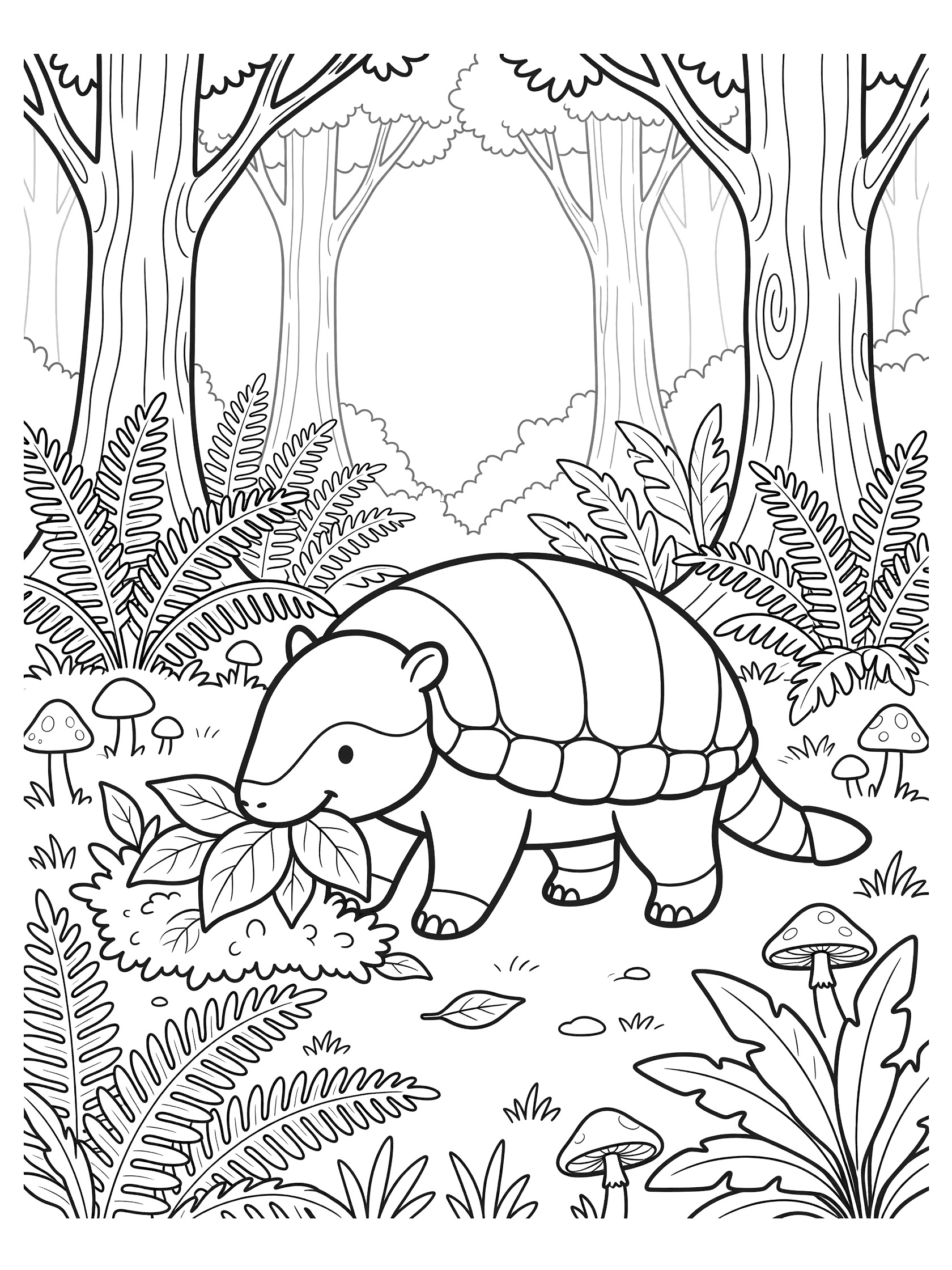 Line art coloring page showing a happy Glyptodon munching leaves in a forest with ferns, mushrooms, tall trees, and misty background.