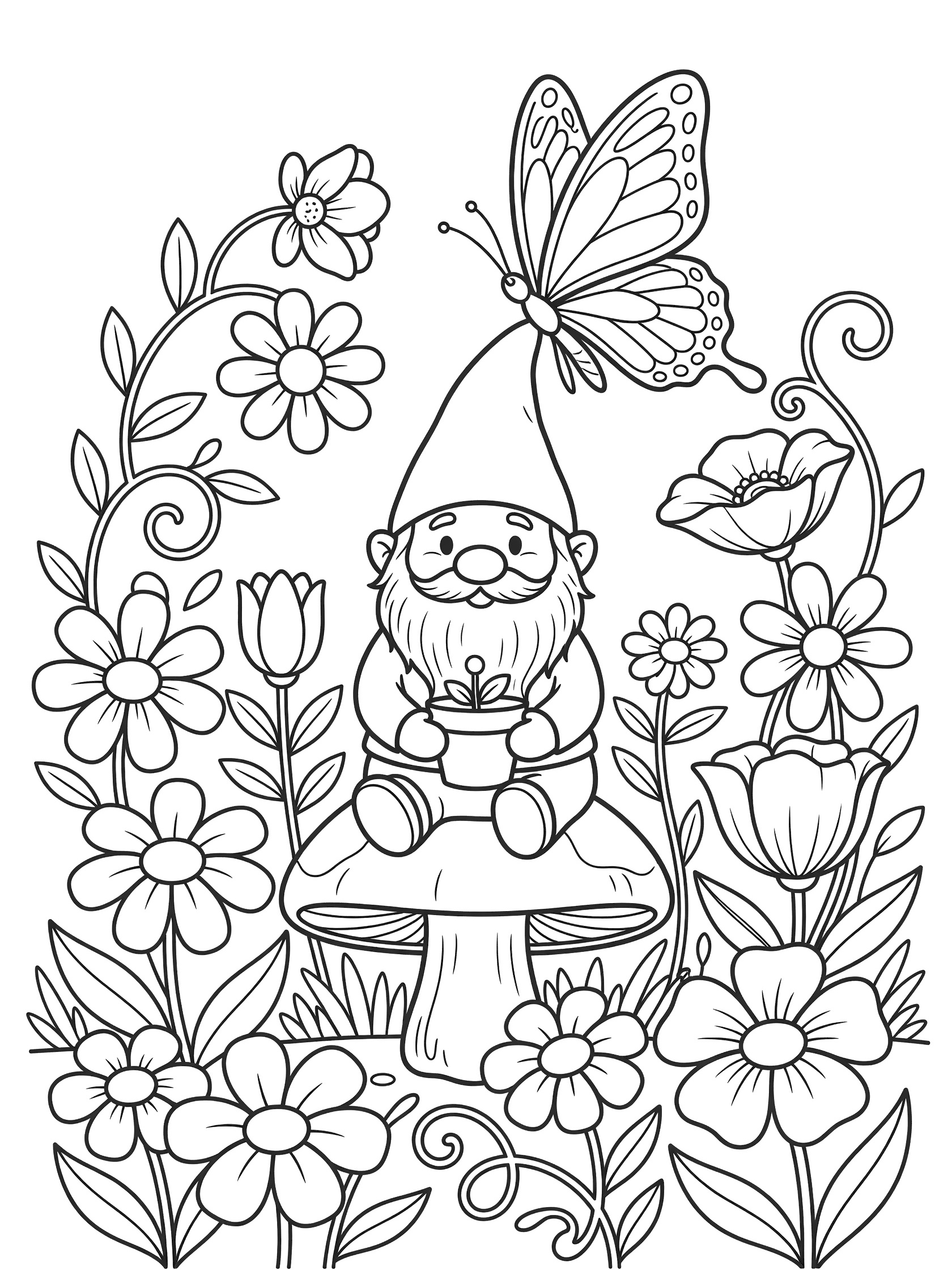 Black and white line art coloring page showing a cute gnome with pointy hat sitting on a big mushroom, holding a flower pot, with a butterfly on his hat, surrounded by flowers, vines, and leaves. Garden Gnomes themed black and white printable line art