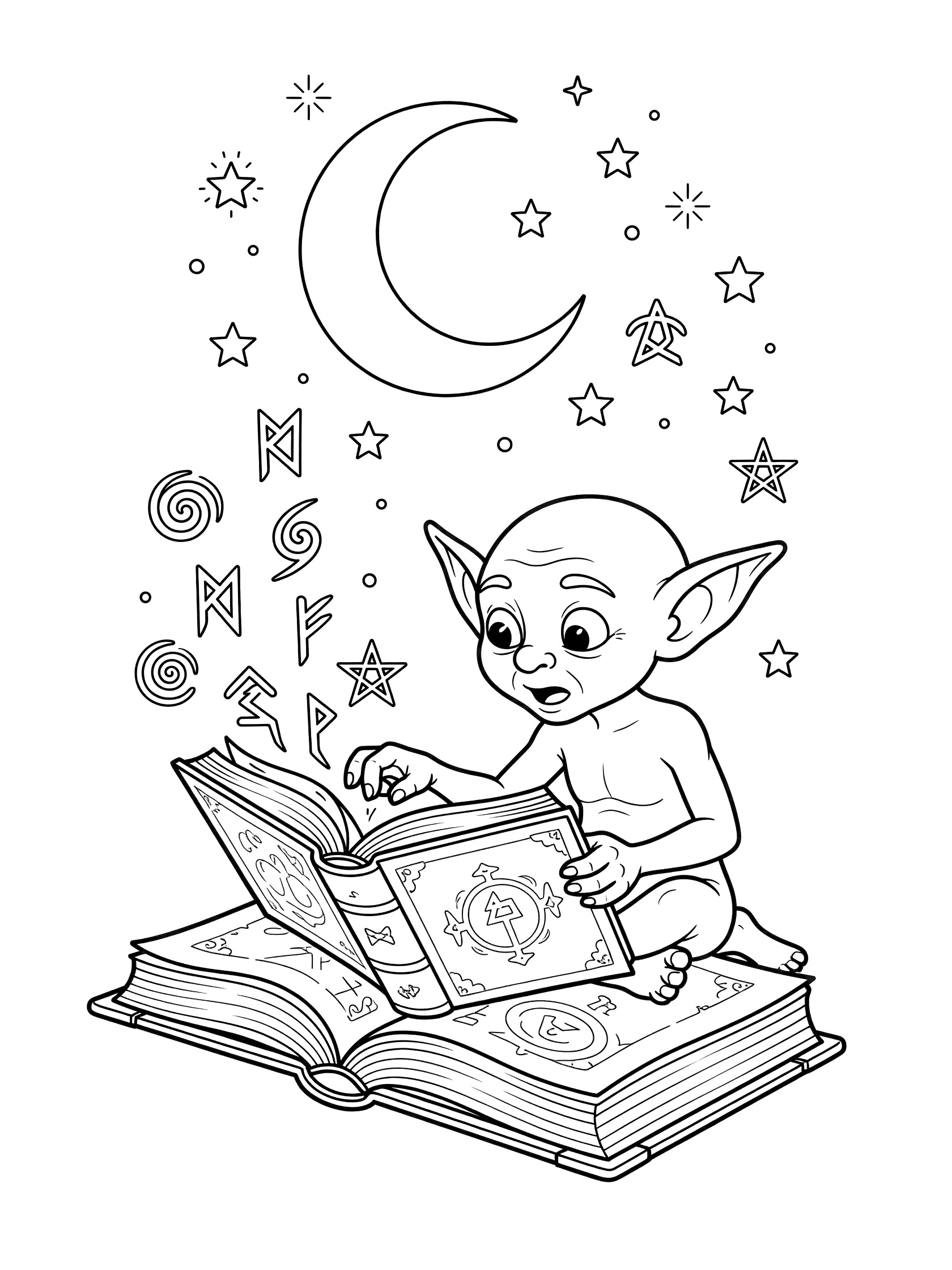 Black and white line art of a cute goblin reading a giant spellbook with floating symbols, crescent moon and stars in the background