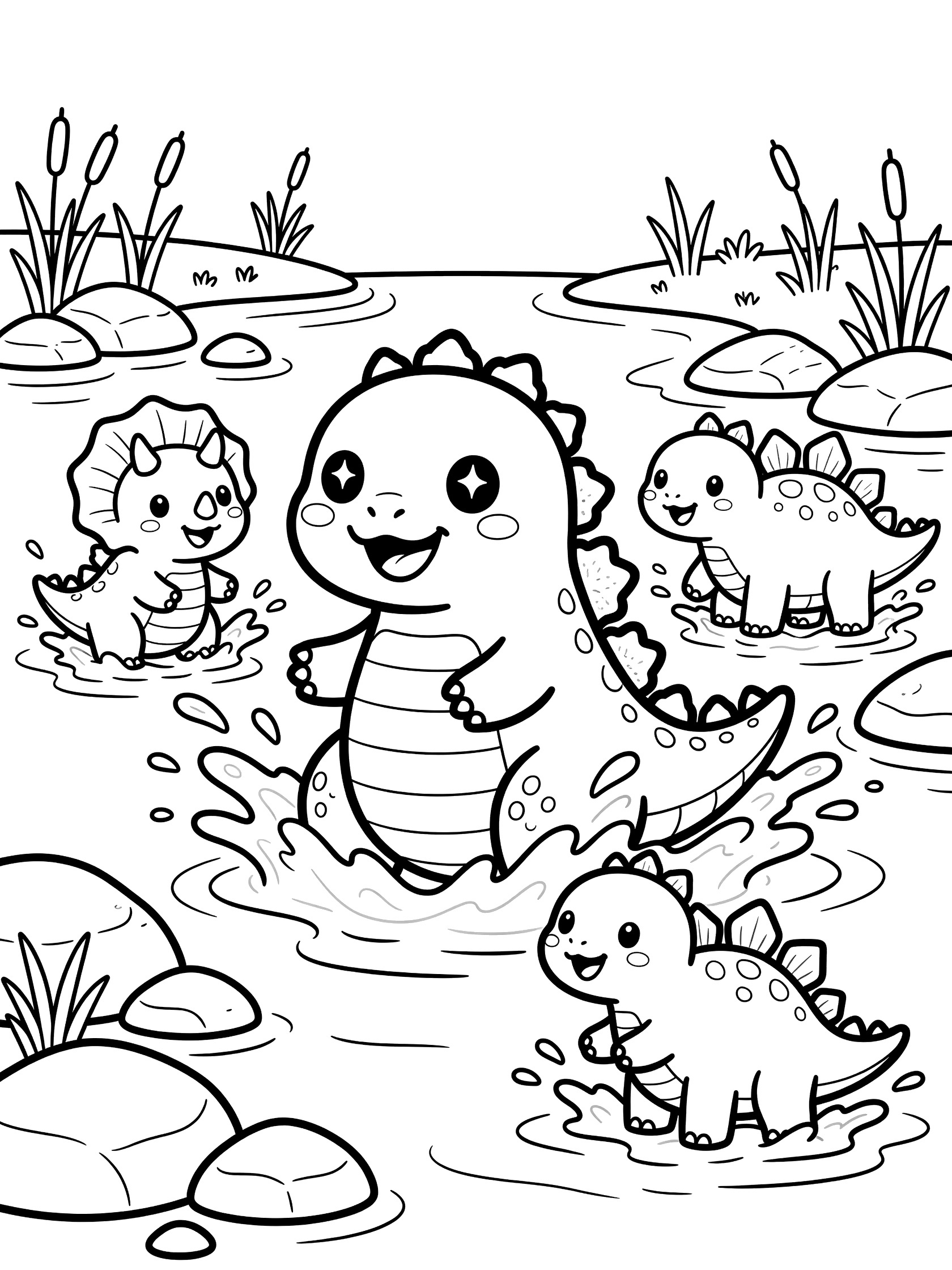 Kawaii Godzilla dinosaur playfully splashing water in a river with triceratops and stegosaurus friends, surrounded by rocks and reeds, line art coloring page.
