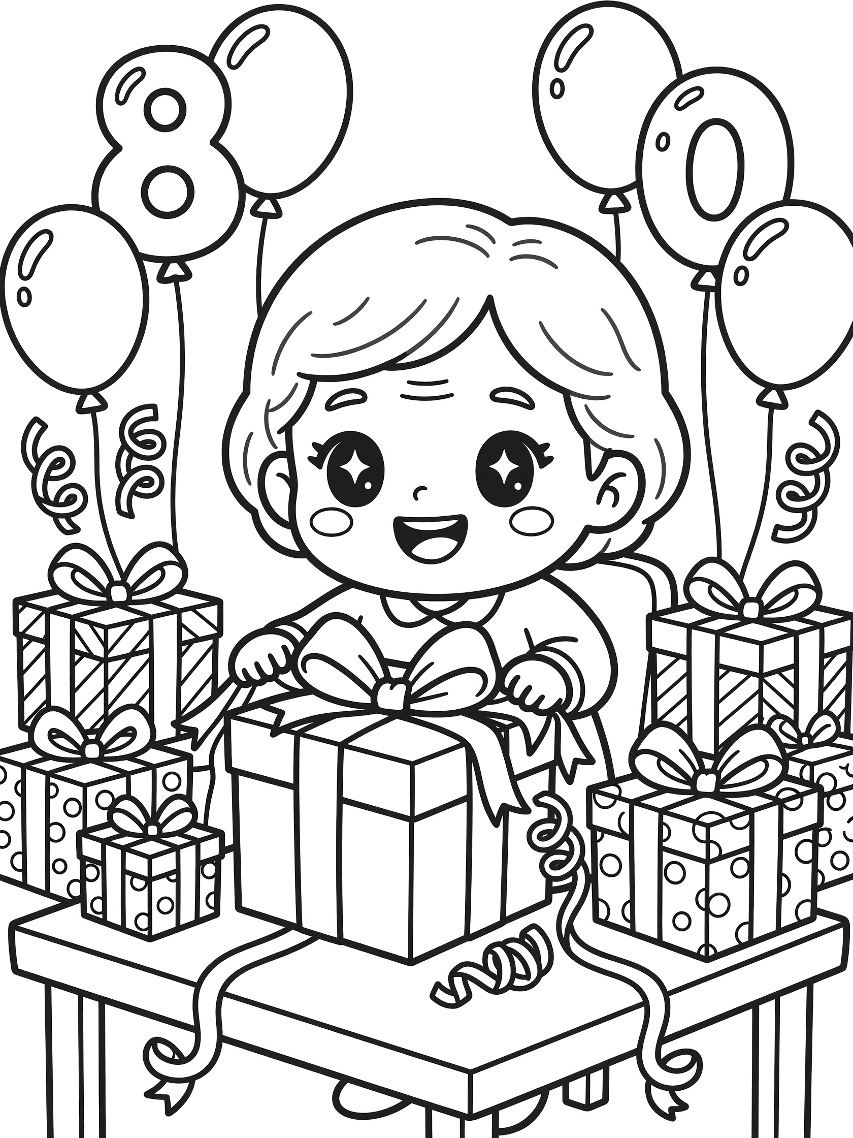 Black and white line art of cute elderly chibi grandma excitedly opening large 80th birthday gift at table with balloons shaped like 8 and 0 plus wrapped presents.