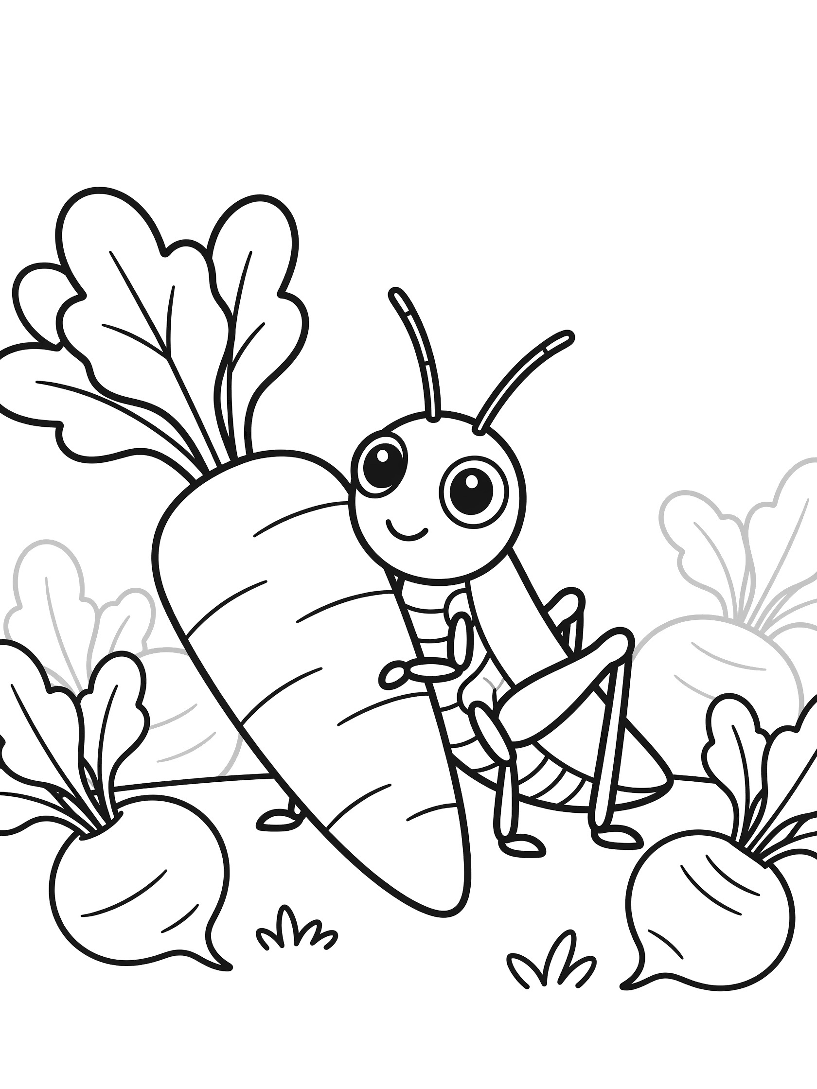 Black and white line art coloring page showing a happy grasshopper with large eyes peeking while holding a carrot, surrounded by turnip roots and green leaves.