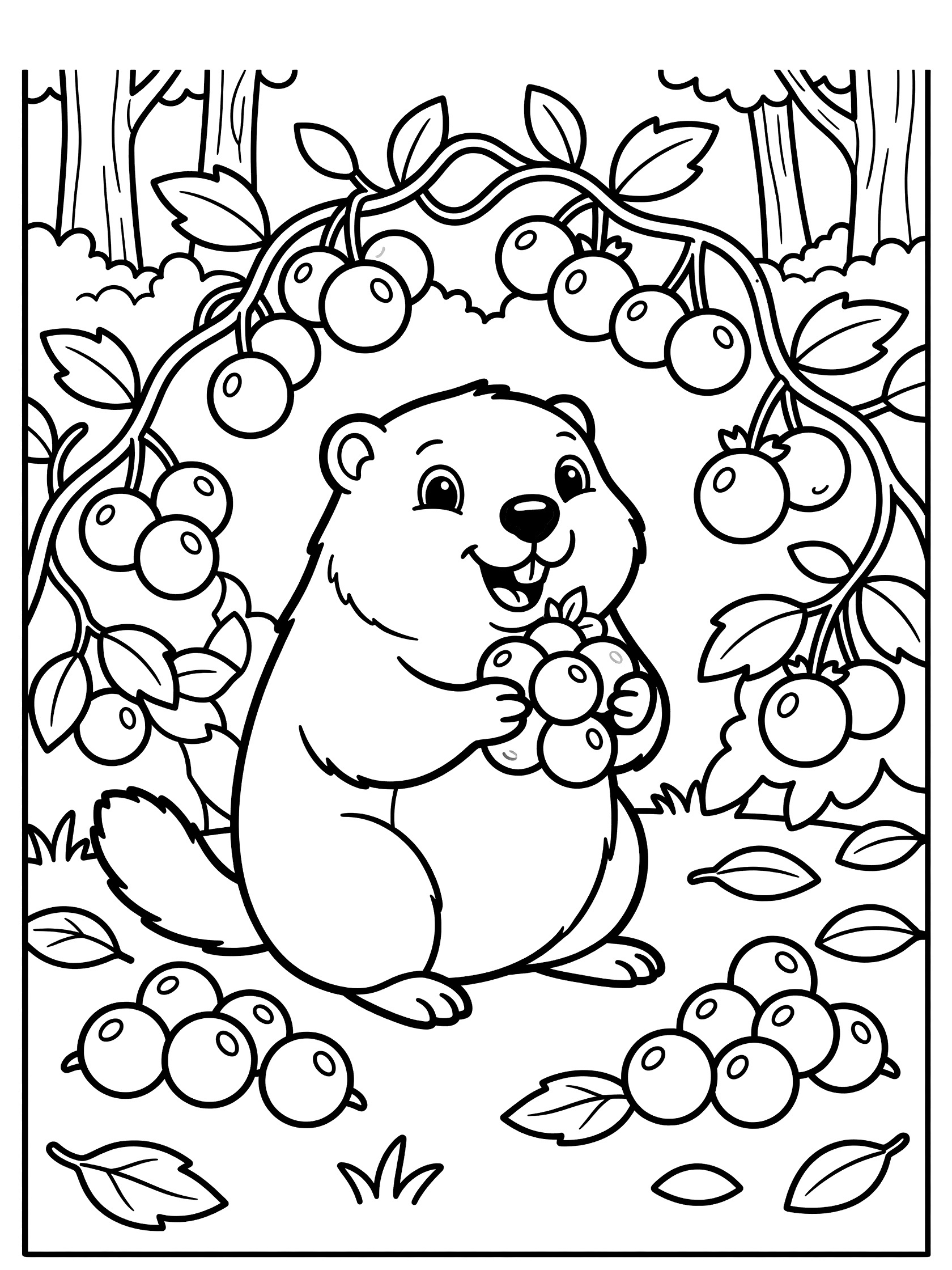 Black and white line art coloring page showing a cute groundhog sitting and eating berries from vines with leaves and forest around it. Woodchuck themed black and white printable line art