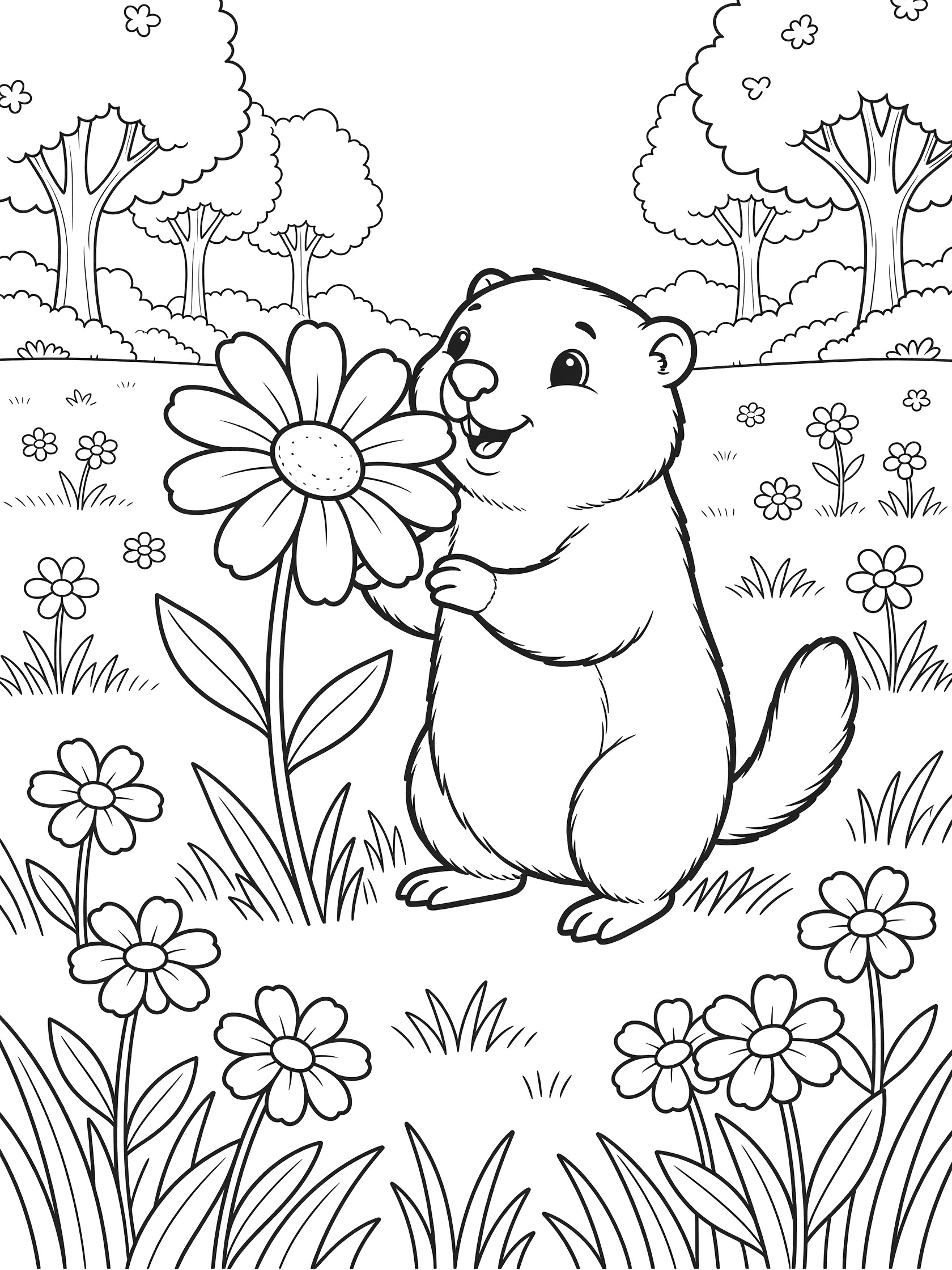 Black and white line art coloring page showing a joyful groundhog on hind legs sniffing a large daisy flower, with grass, small flowers, and trees in the background. Woodchuck themed black and white printable line art