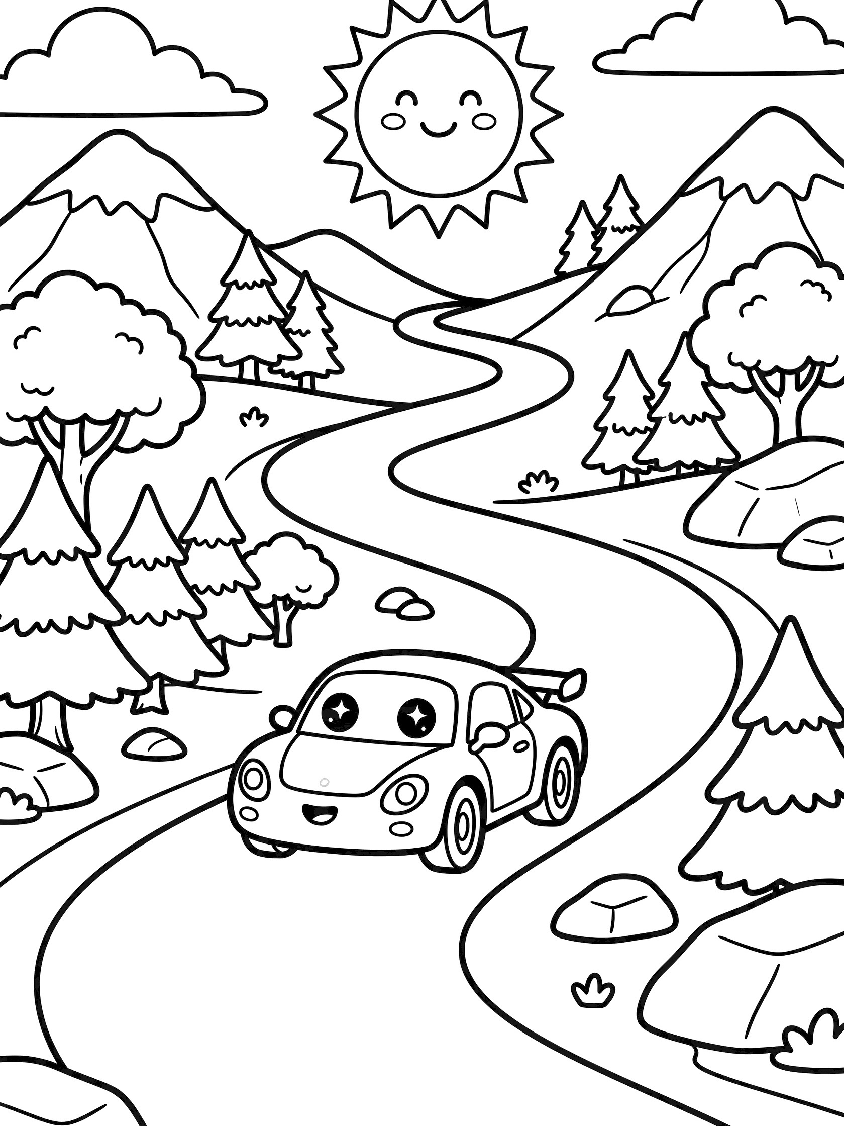 Kawaii GT car coloring page with big sparkling eyes, rounded body, tiny wheels on twisty mountain road, pine trees, boulders, and cheerful sun