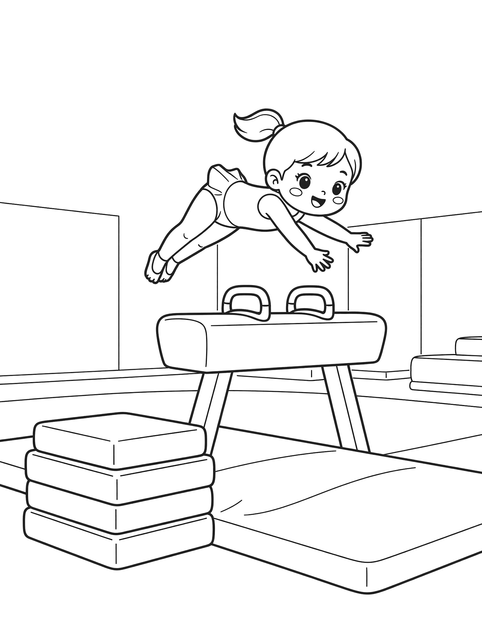 Kawaii gymnast girl leaping into backflip dismount from pommel horse with spotting blocks nearby, line art coloring page