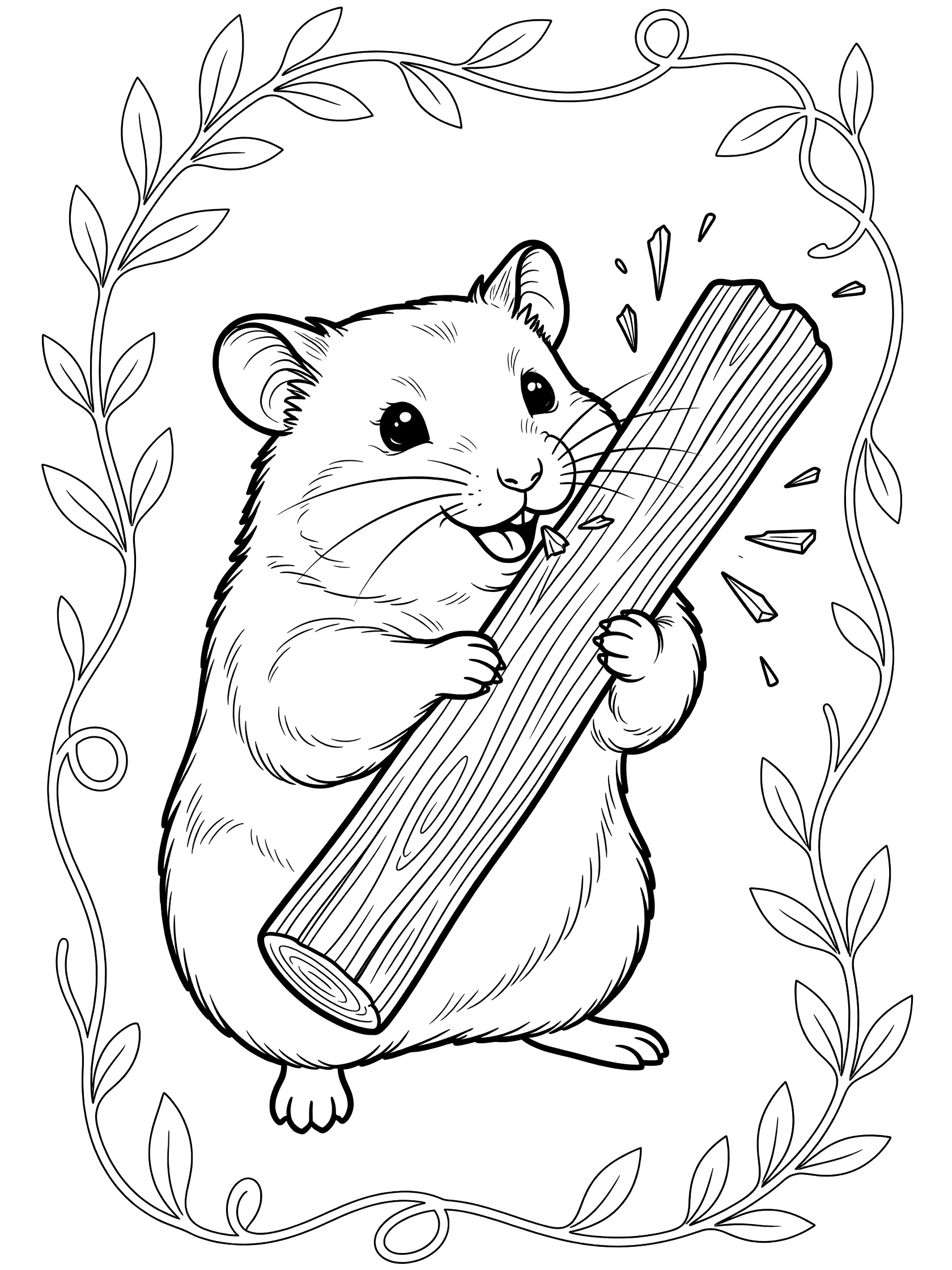 Black and white line art coloring page showing a hamster holding and chewing a large wooden stick with wood chips around it, surrounded by curvy vines and leaves.