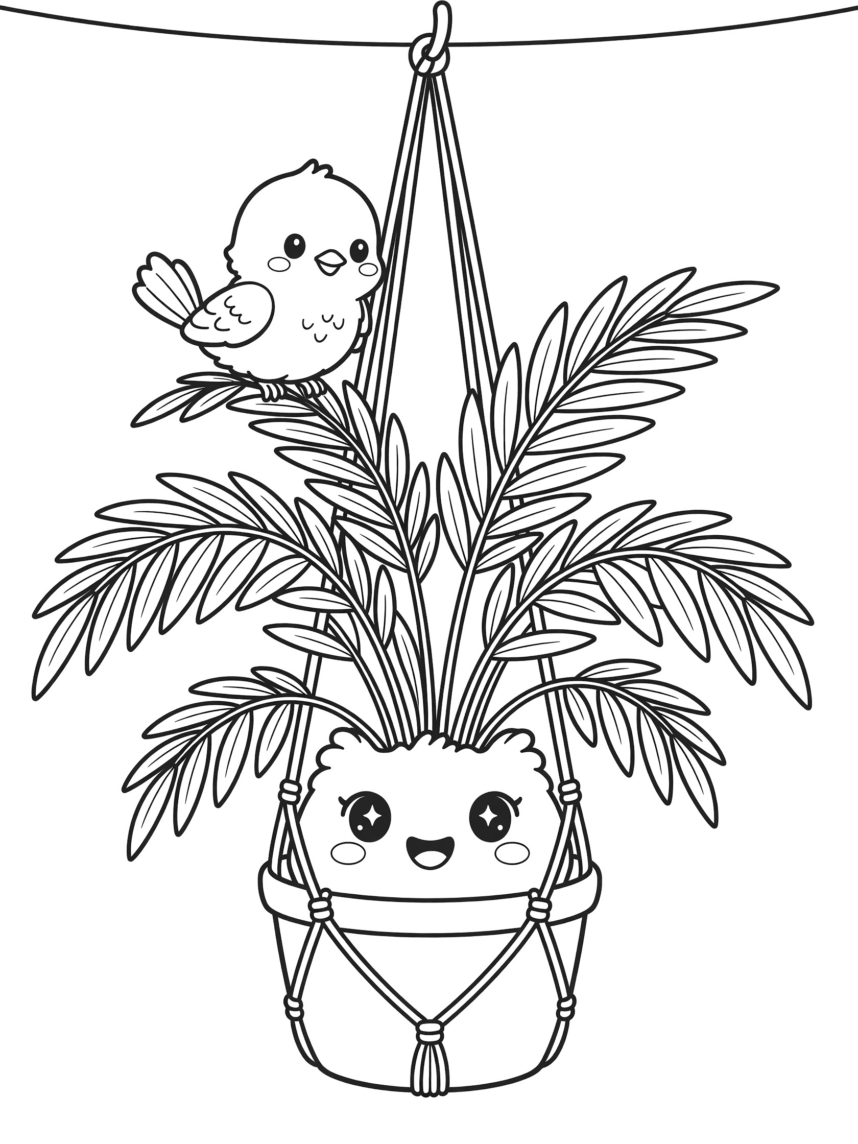 Kawaii parlor palm plant hanging from ceiling hook in macrame hanger, with cute face and bird perched on leaf, line art coloring page