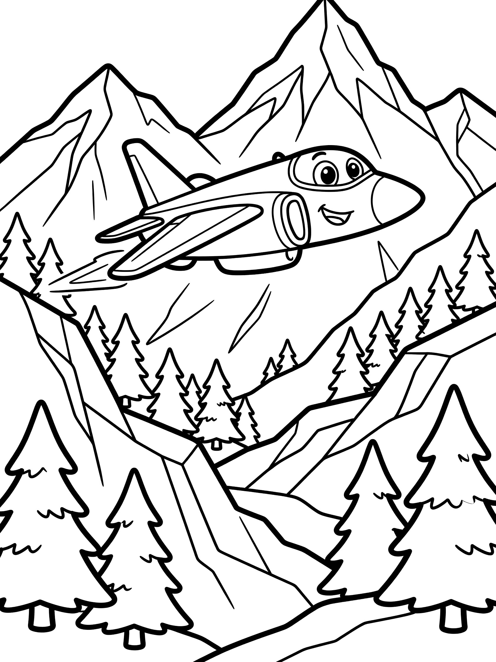 Cute cartoon Harrier Jet with sparkling eyes and smile soaring over rocky mountain peaks and pine trees in line art coloring page