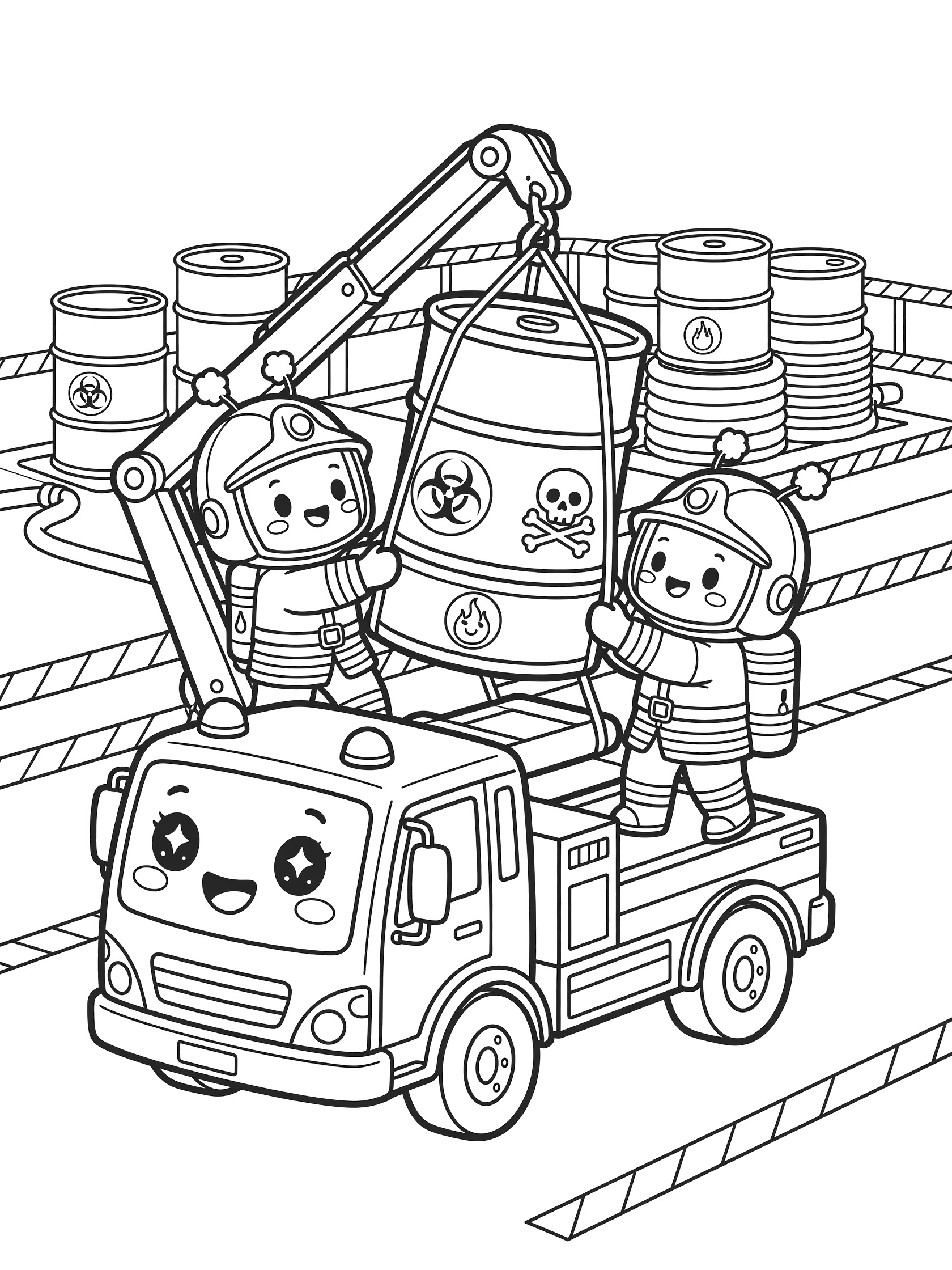 Kawaii hazmat truck extending boom arm to lift sealed hazardous drum with warning symbols, helped by two smiling chibi firefighters in bulky suits, near stacked drums and caution tape.
