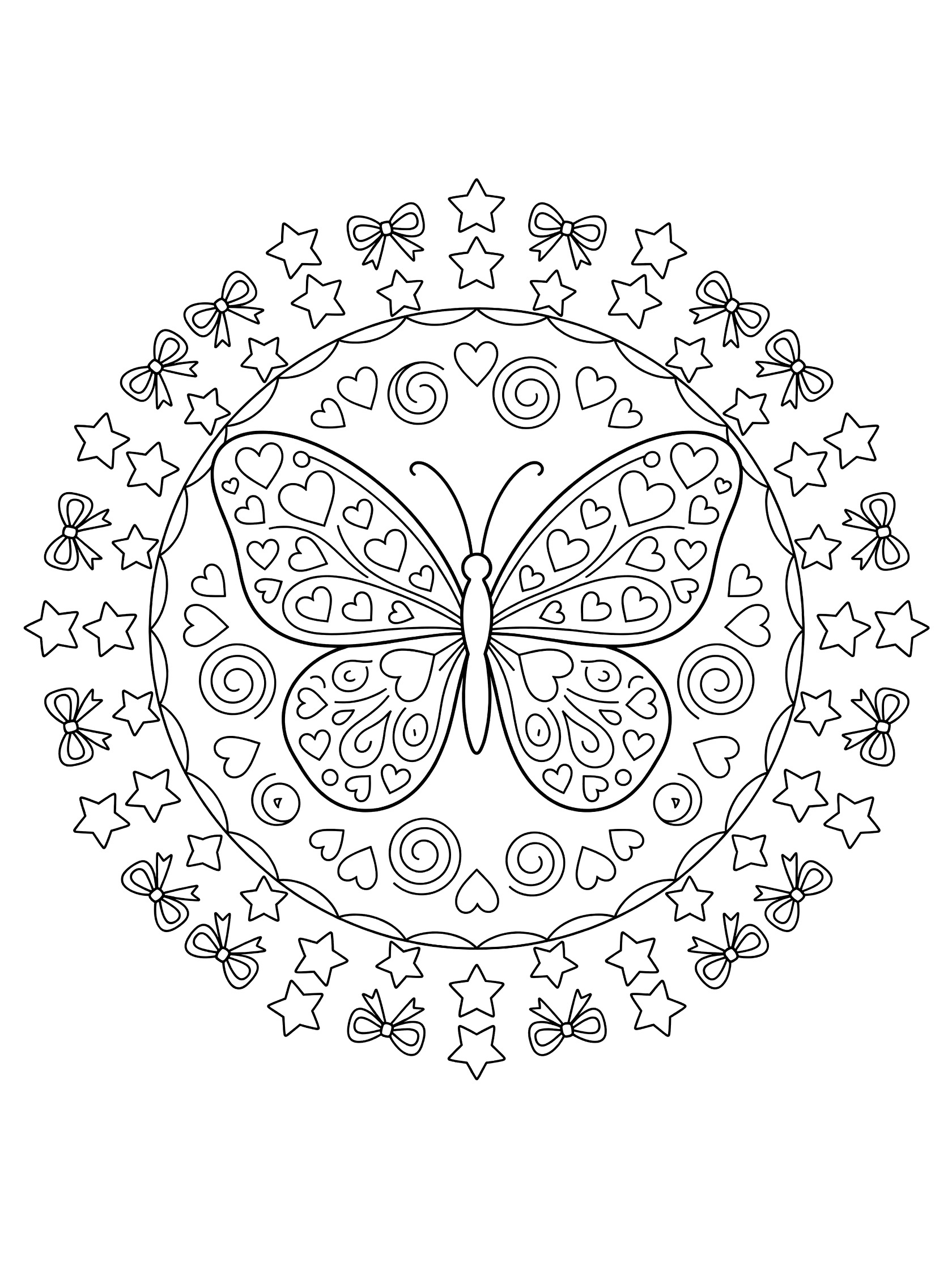 Black and white line art of a circular mandala featuring a central cartoon butterfly with heart patterns on wings, surrounded by stars, bows, hearts, and swirls.