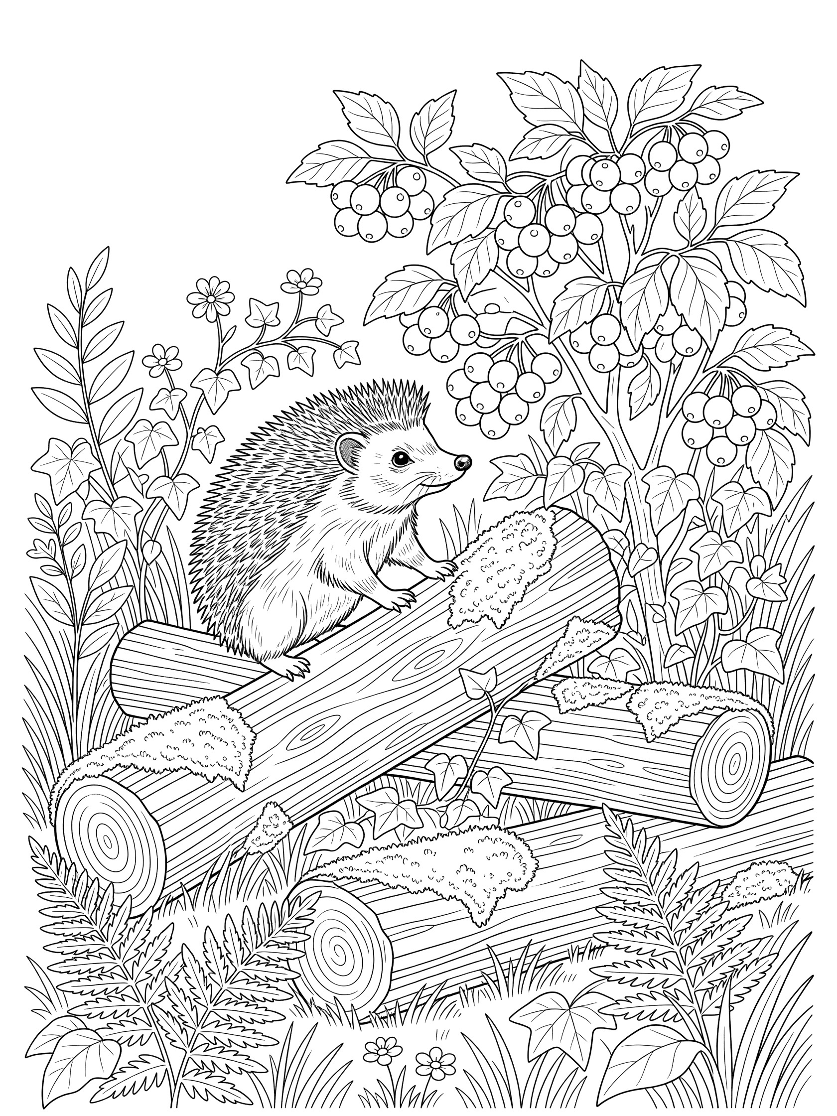 Black and white printable coloring page showing a hedgehog on stacked mossy logs reaching for berries on a bush, surrounded by forest leaves and ferns.