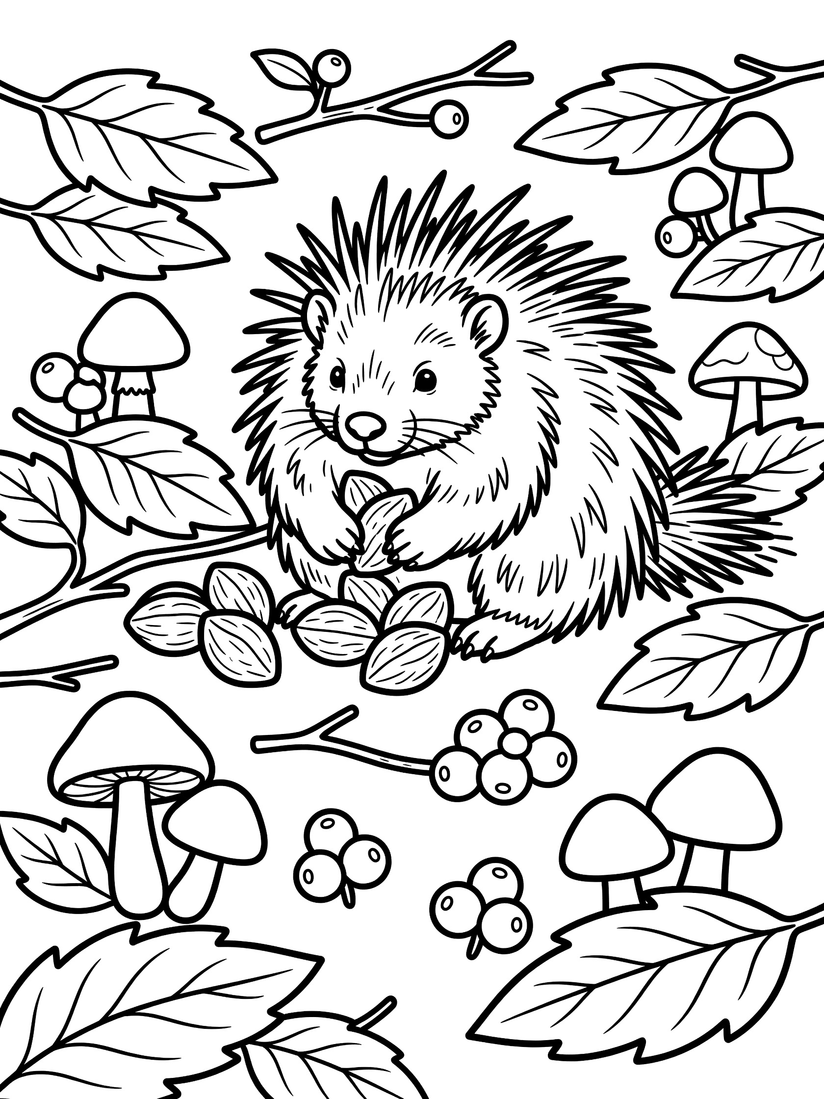 Black and white line art coloring page showing a hedgehog sitting and eating nuts with paws amid forest leaves, twigs, mushrooms and berries. Porcupine themed black and white printable line art