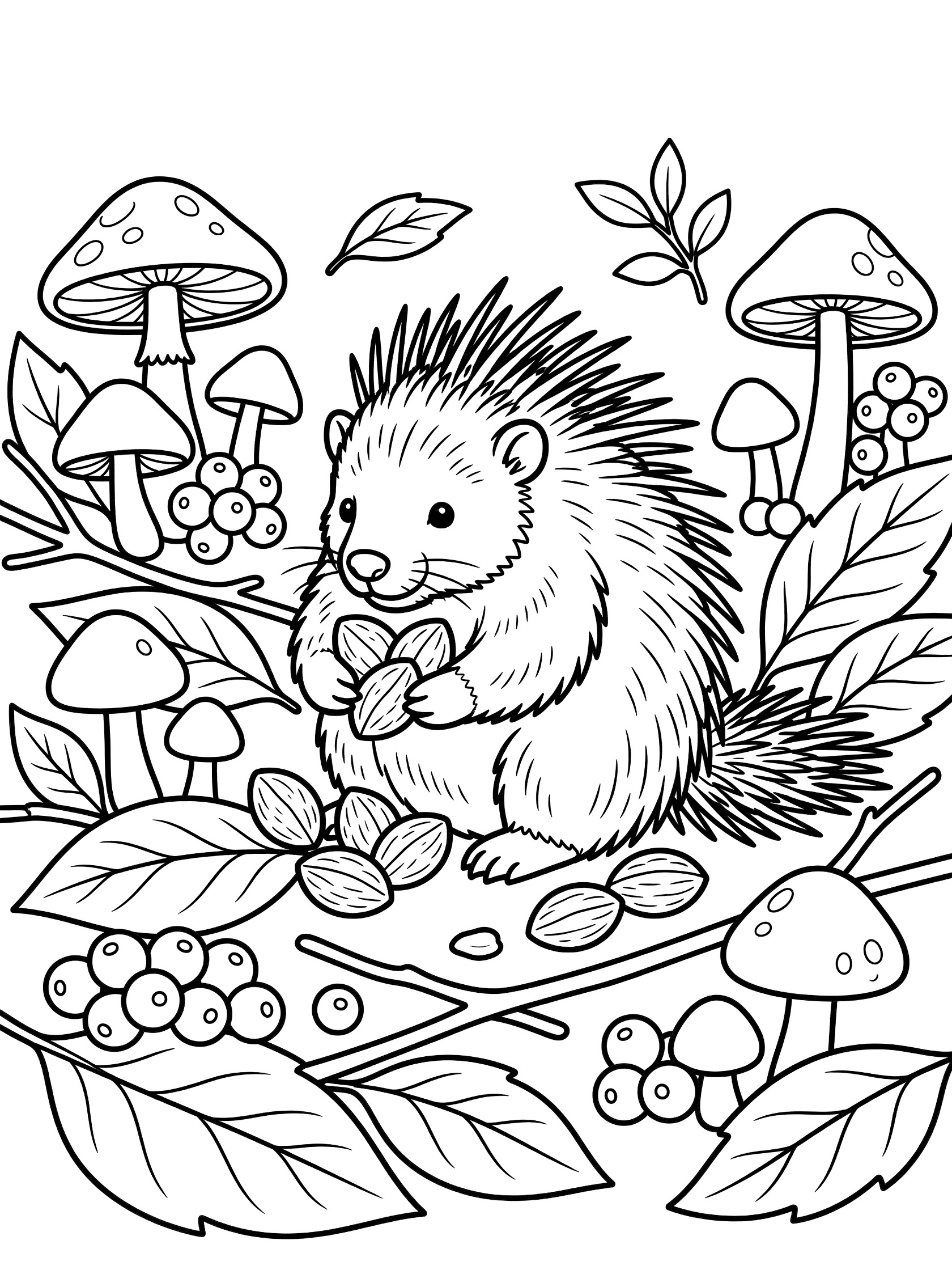 Black and white line art coloring page showing a cute hedgehog sitting and holding nuts in its paws amid forest leaves, twigs, mushrooms and berries. Porcupine themed black and white printable line art