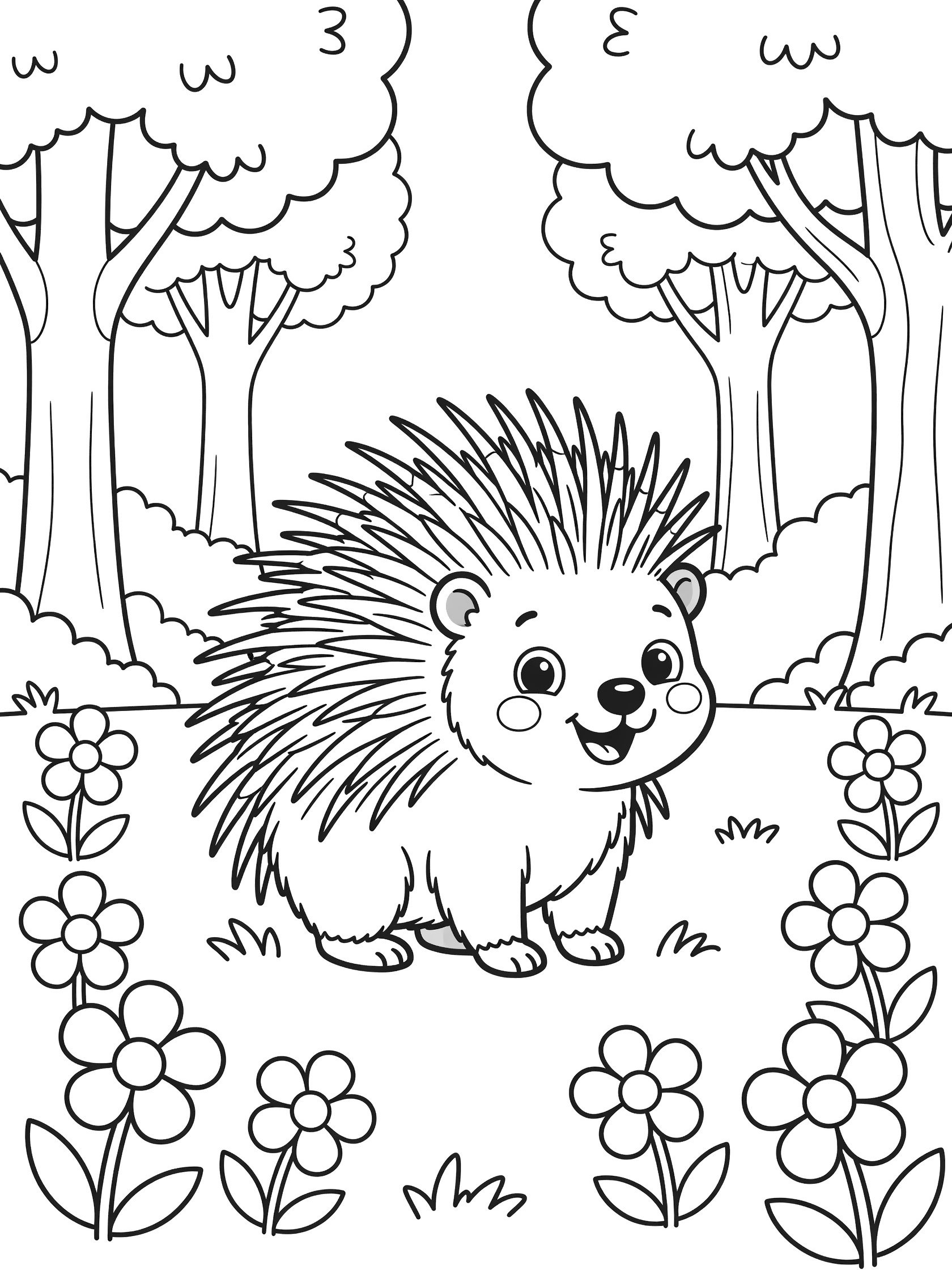 Black and white line art coloring page showing a cute cartoon hedgehog with spiky quills, big eyes, and smile in a forest clearing with trees, grass, and flowers. Porcupine themed black and white printable line art