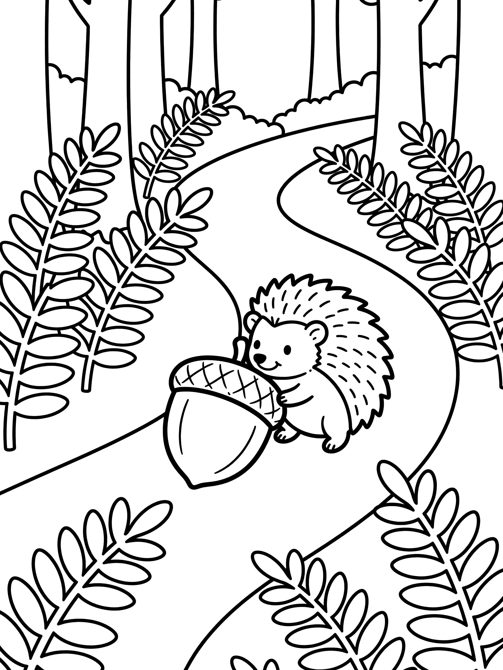 Black and white line art coloring page showing a happy hedgehog pushing a large acorn along a winding path in a forest with tall trees and leafy ferns.