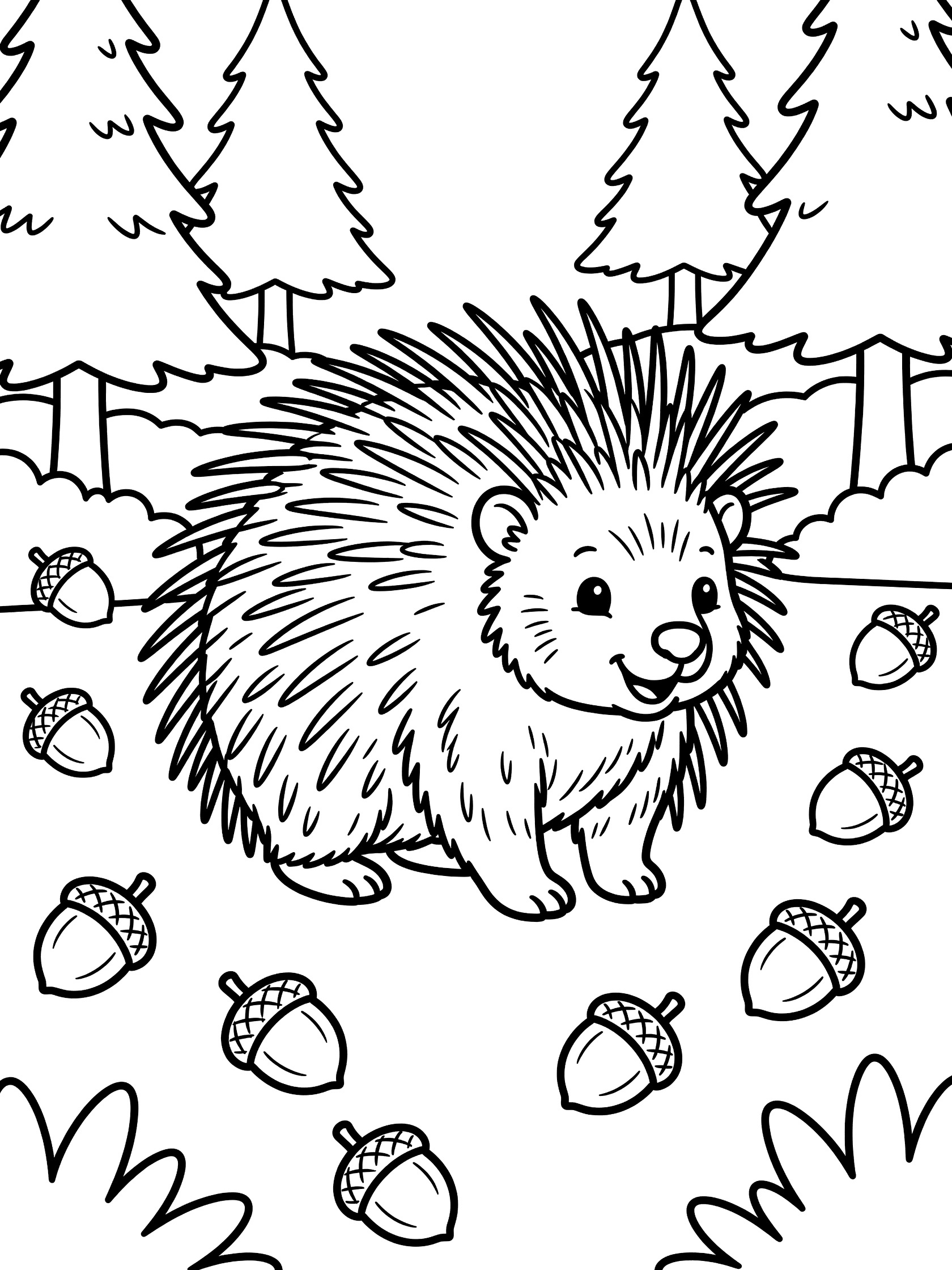 Black and white line art coloring page showing a cute hedgehog standing on all fours with quills, acorns on the ground, and pine trees in a forest clearing. Porcupine themed black and white printable line art